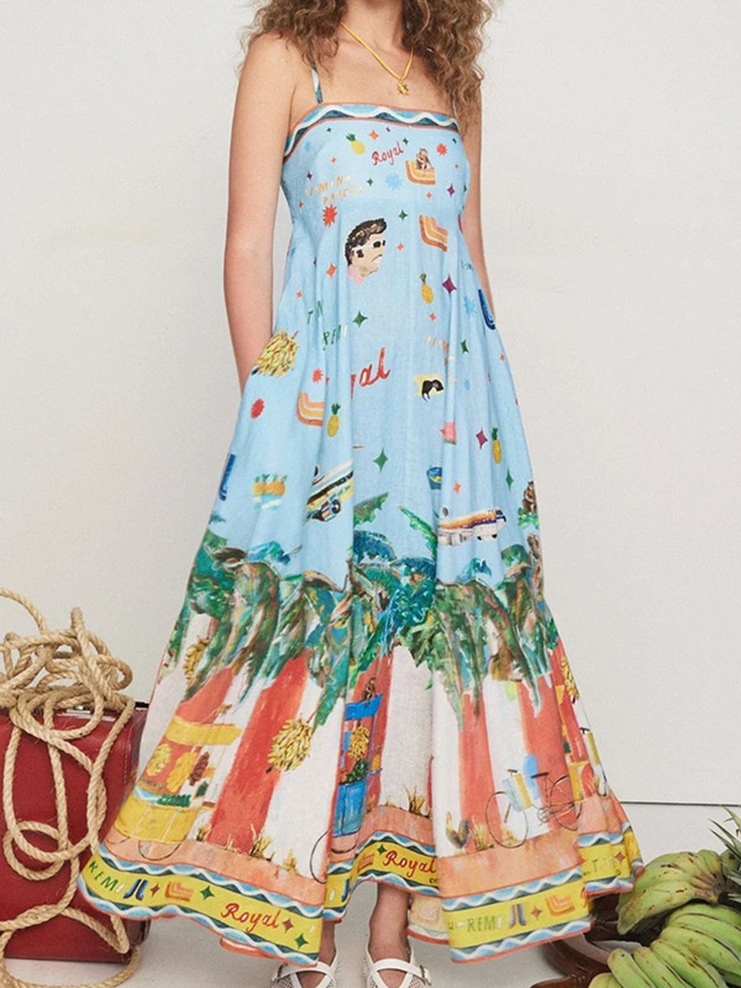Blue Strappy Graphic Print Maxi Dress
