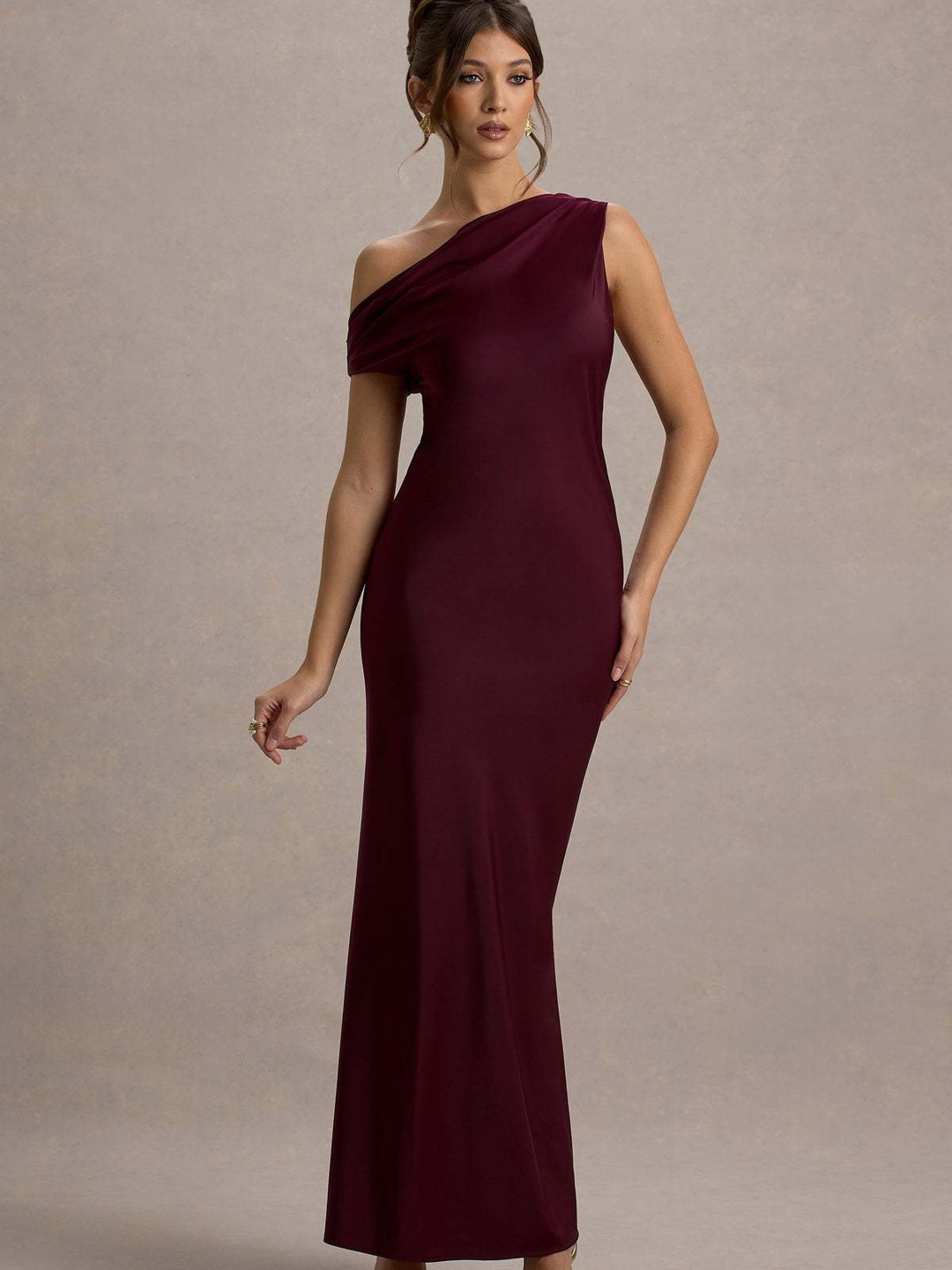 Burgundy One Shoulder-Neck Mermaid Hem Maxi Dress