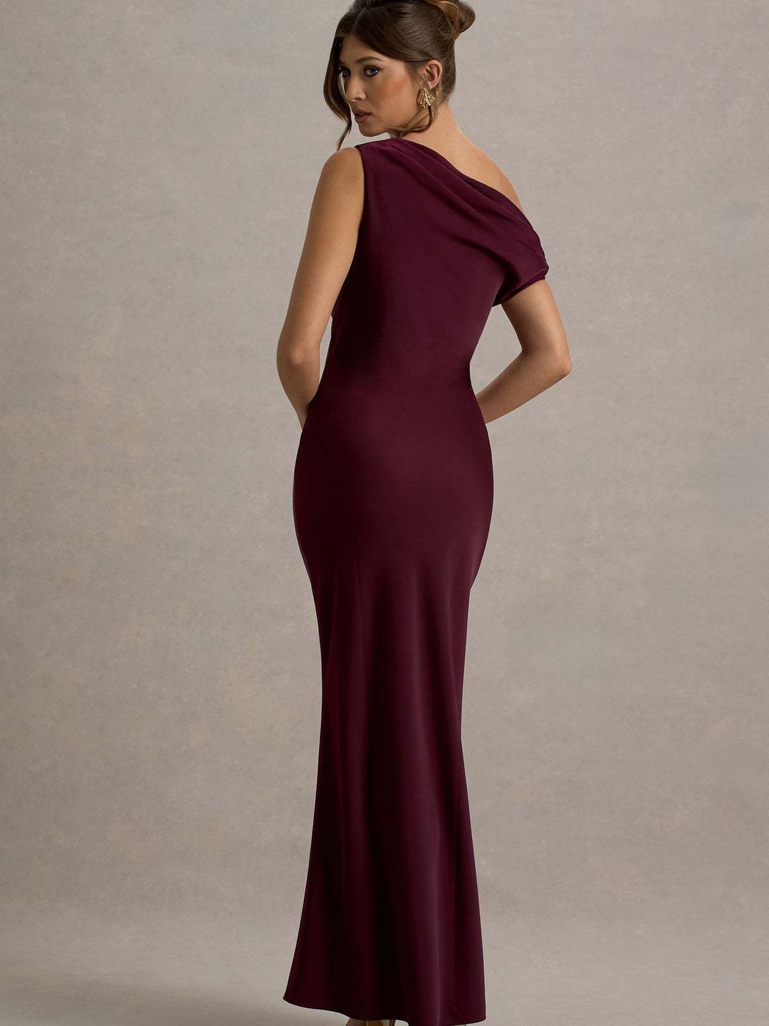 Burgundy One Shoulder-Neck Mermaid Hem Maxi Dress