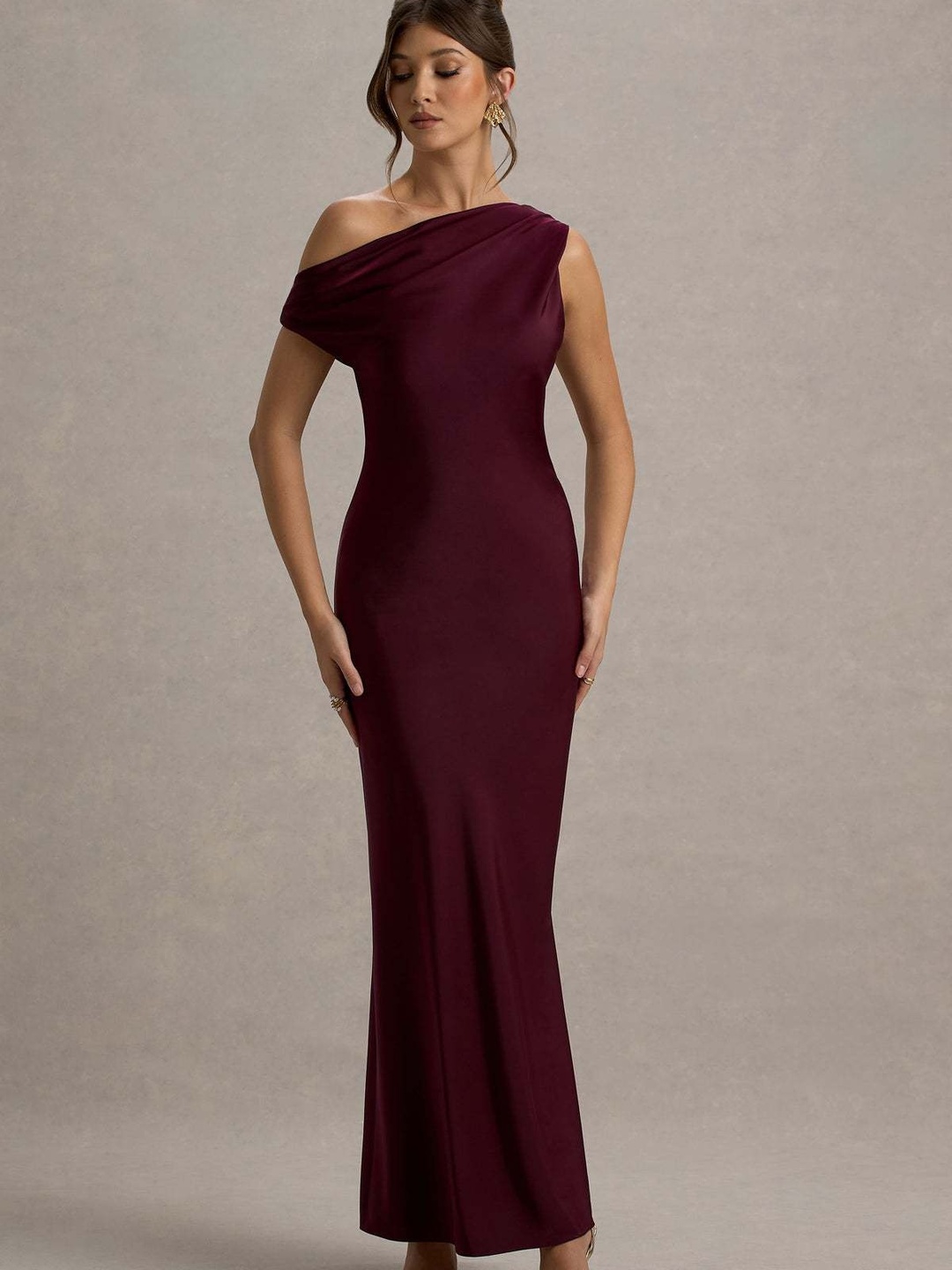 Burgundy One Shoulder-Neck Mermaid Hem Maxi Dress