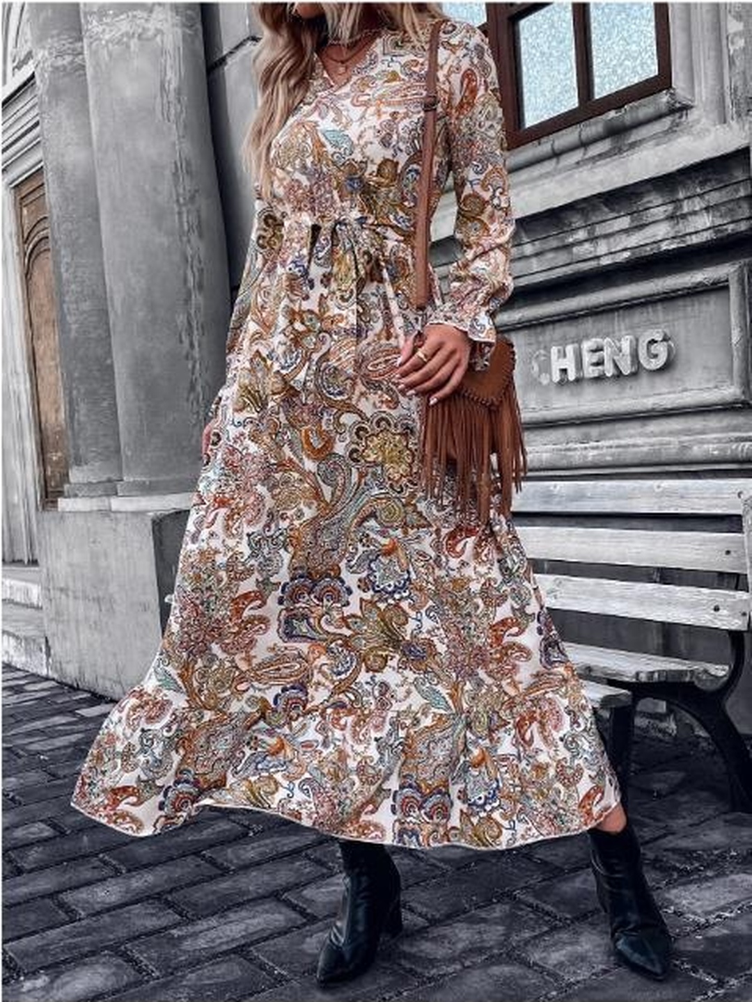 Beige Paisley Print Long Sleeve Maxi Dress