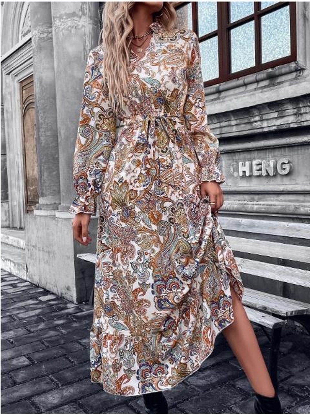 Beige Paisley Print Long Sleeve Maxi Dress