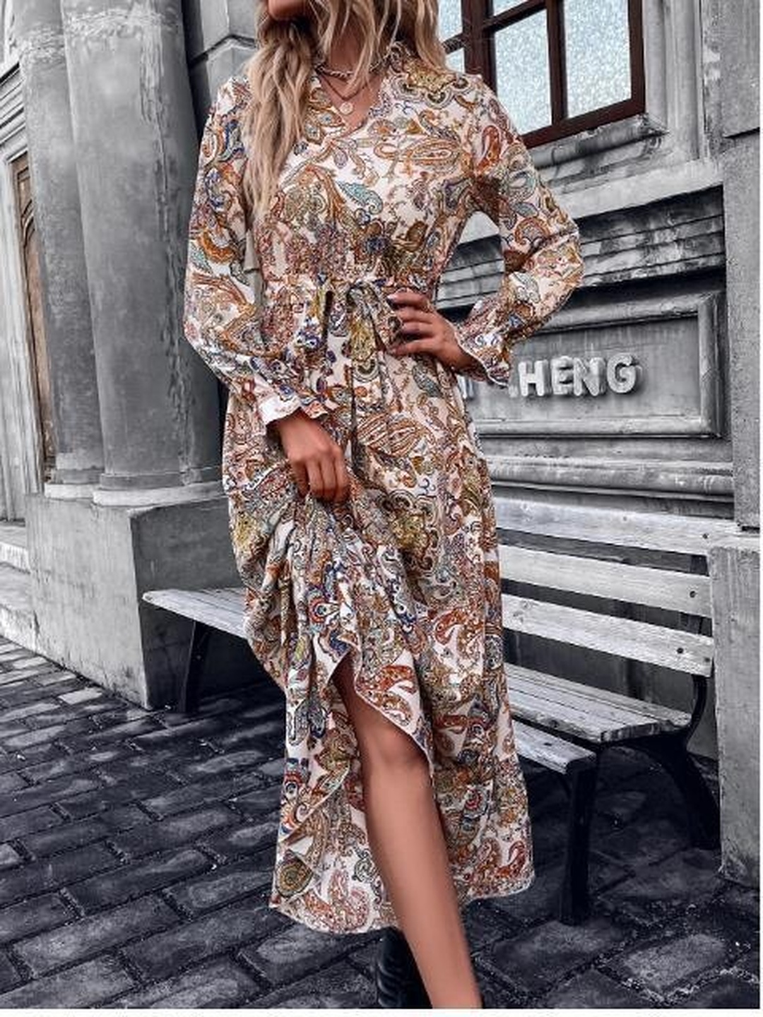 Beige Paisley Print Long Sleeve Maxi Dress