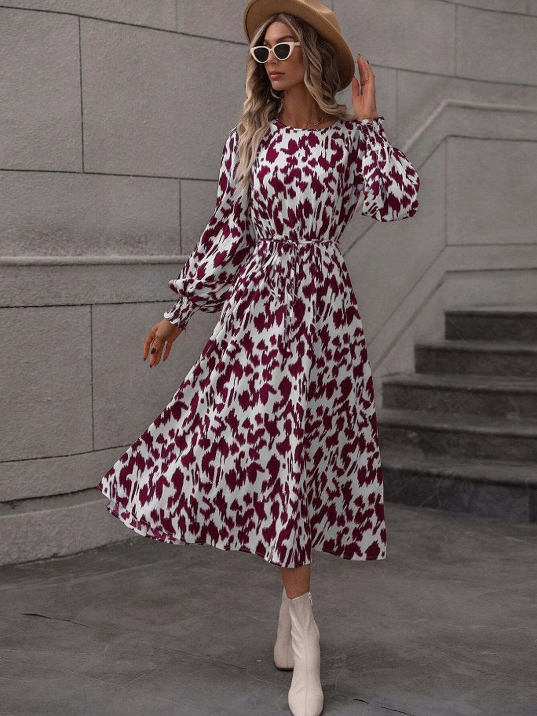 Red Animal Print A-Line Midi Dress