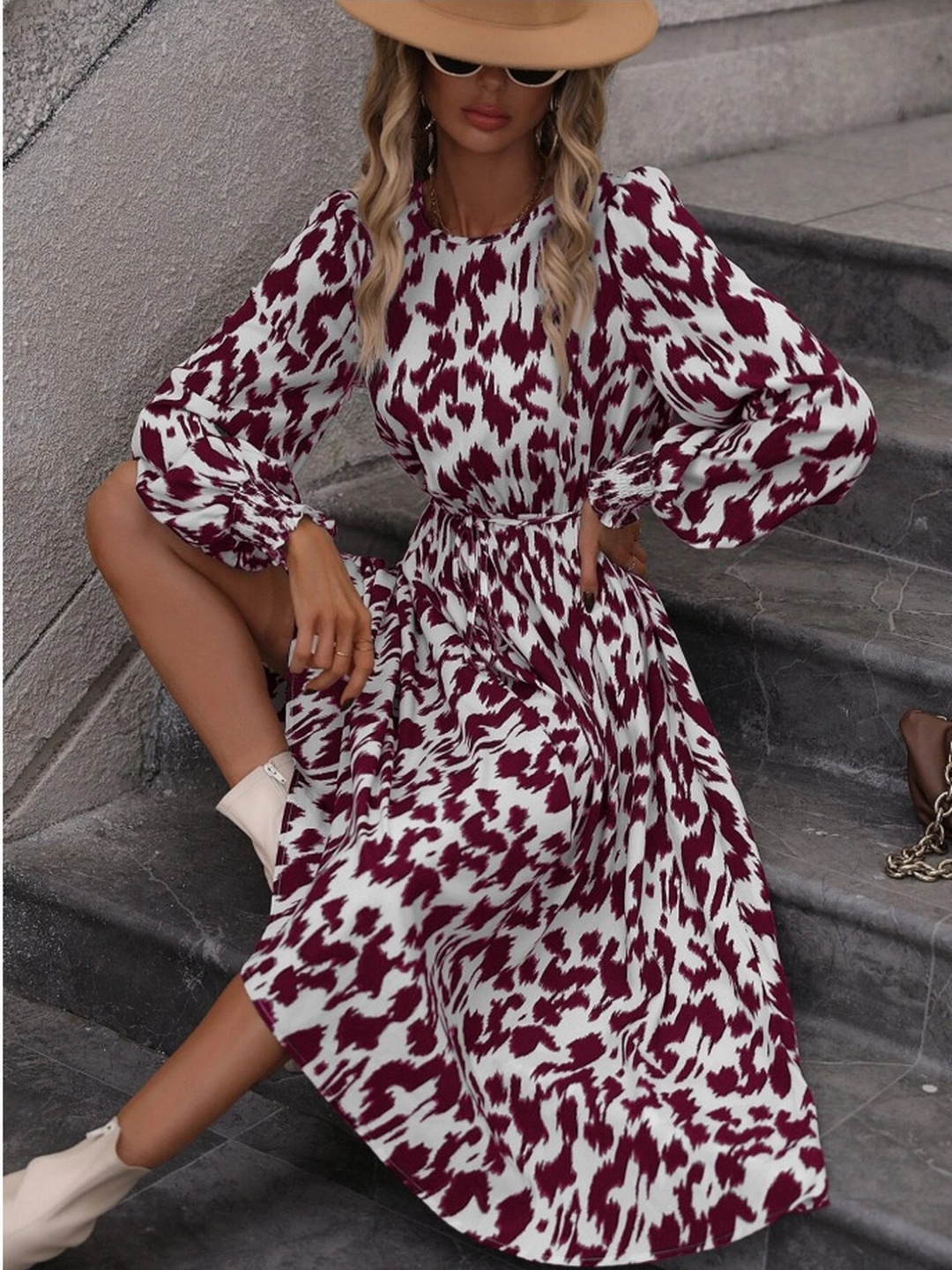 Red Animal Print A-Line Midi Dress
