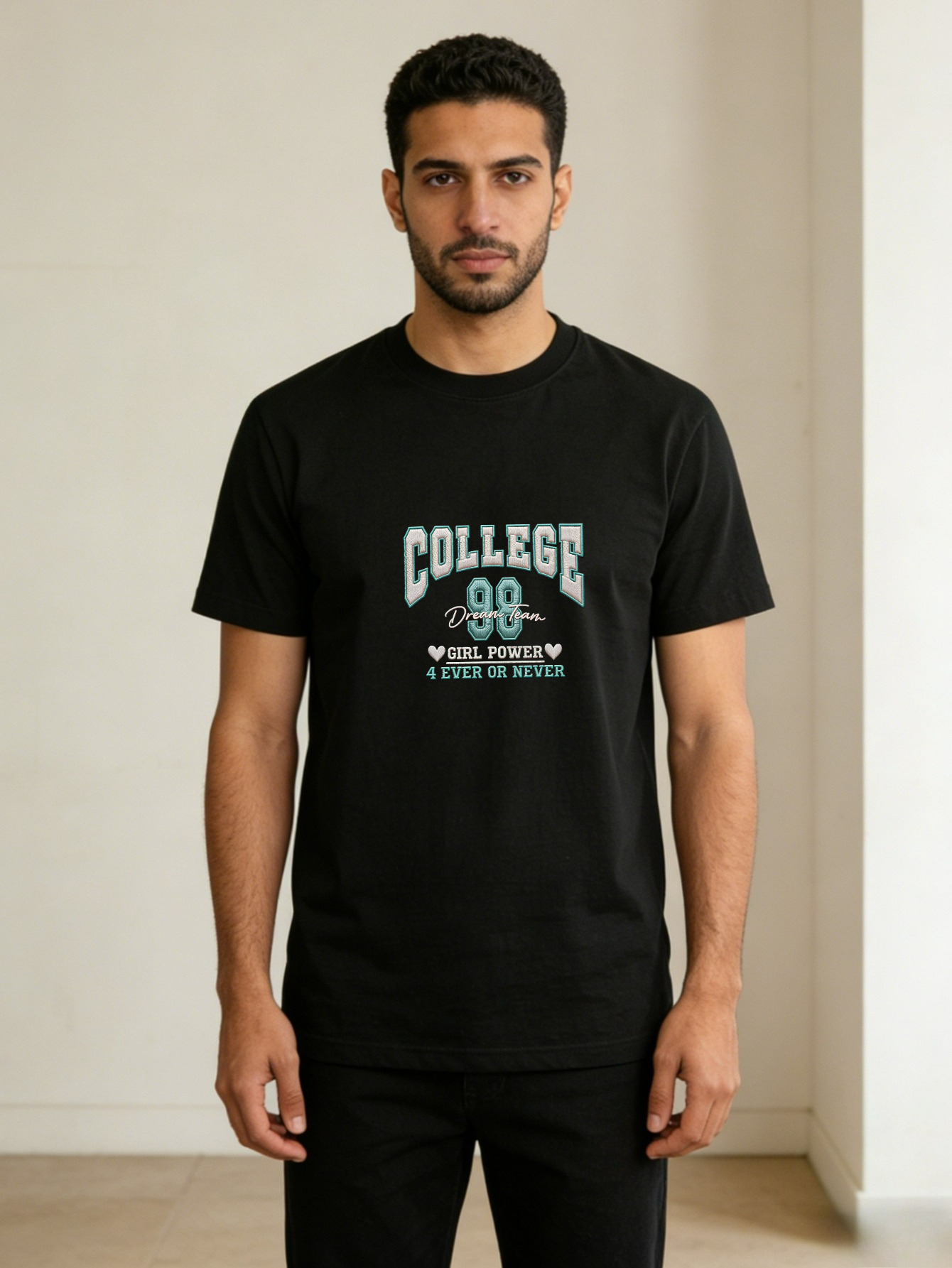 Men Round Neck Varsity Print T-Shirt