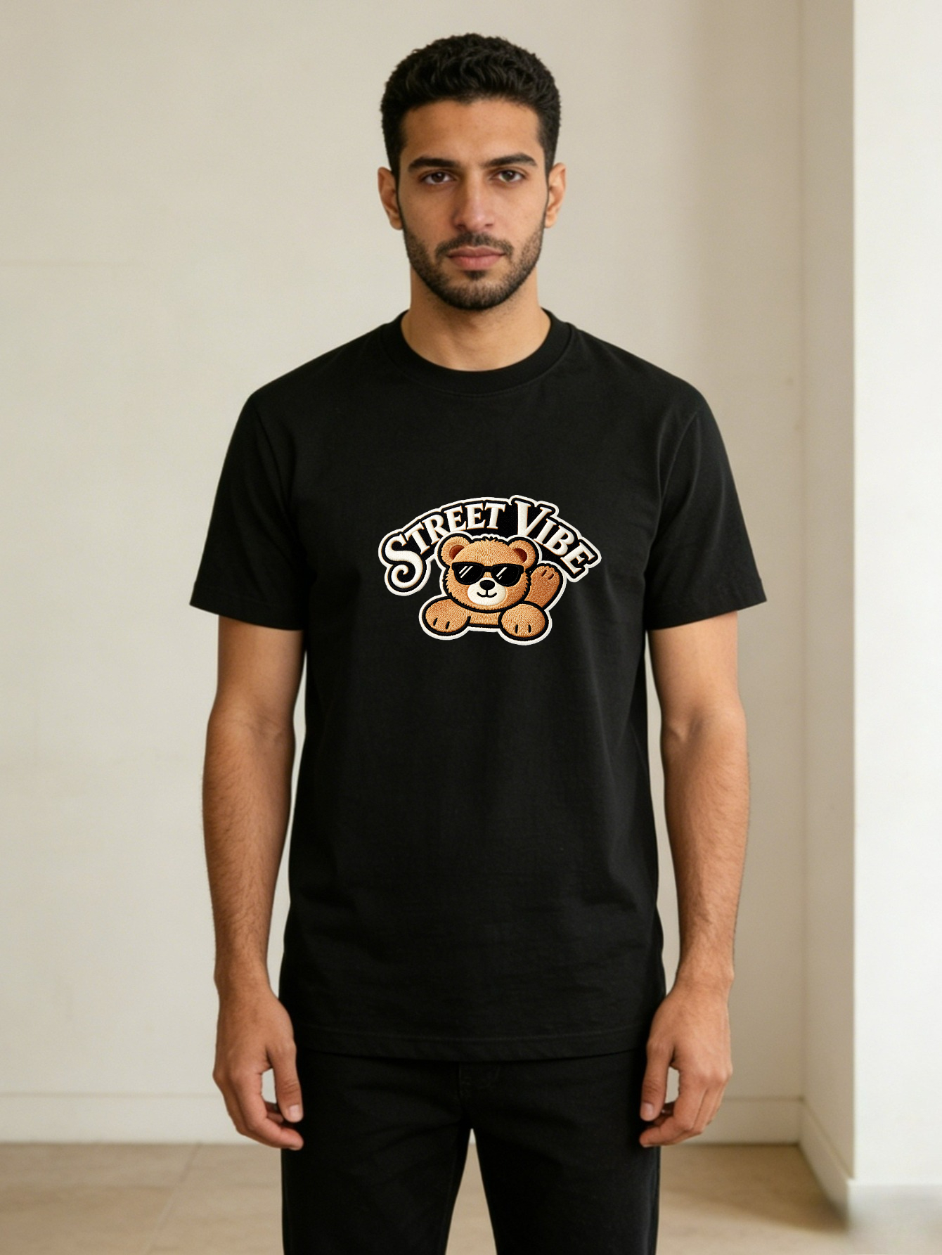 Men Round Neck Bear Print T-Shirt