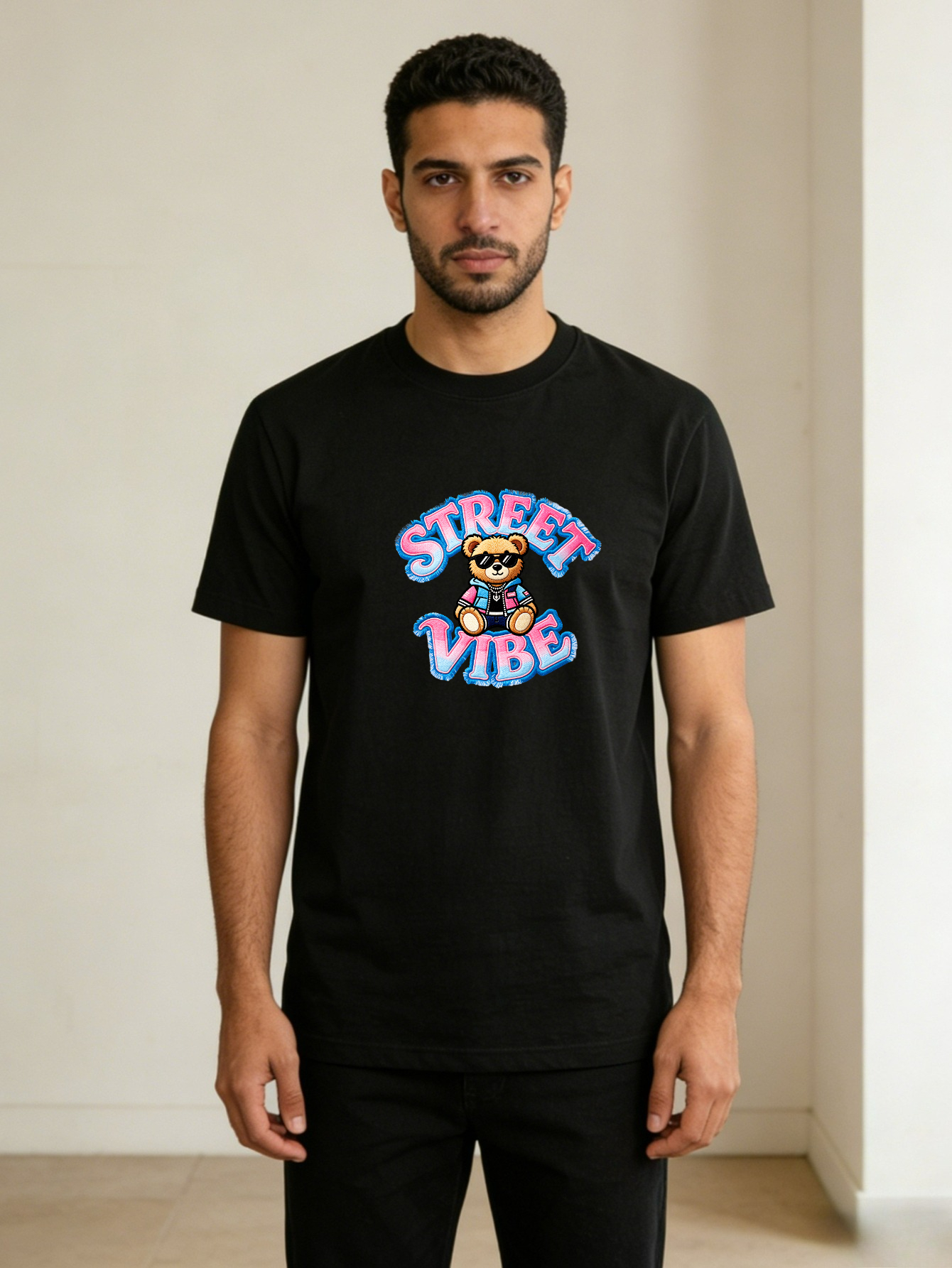Men Round Neck Bear Print T-Shirt