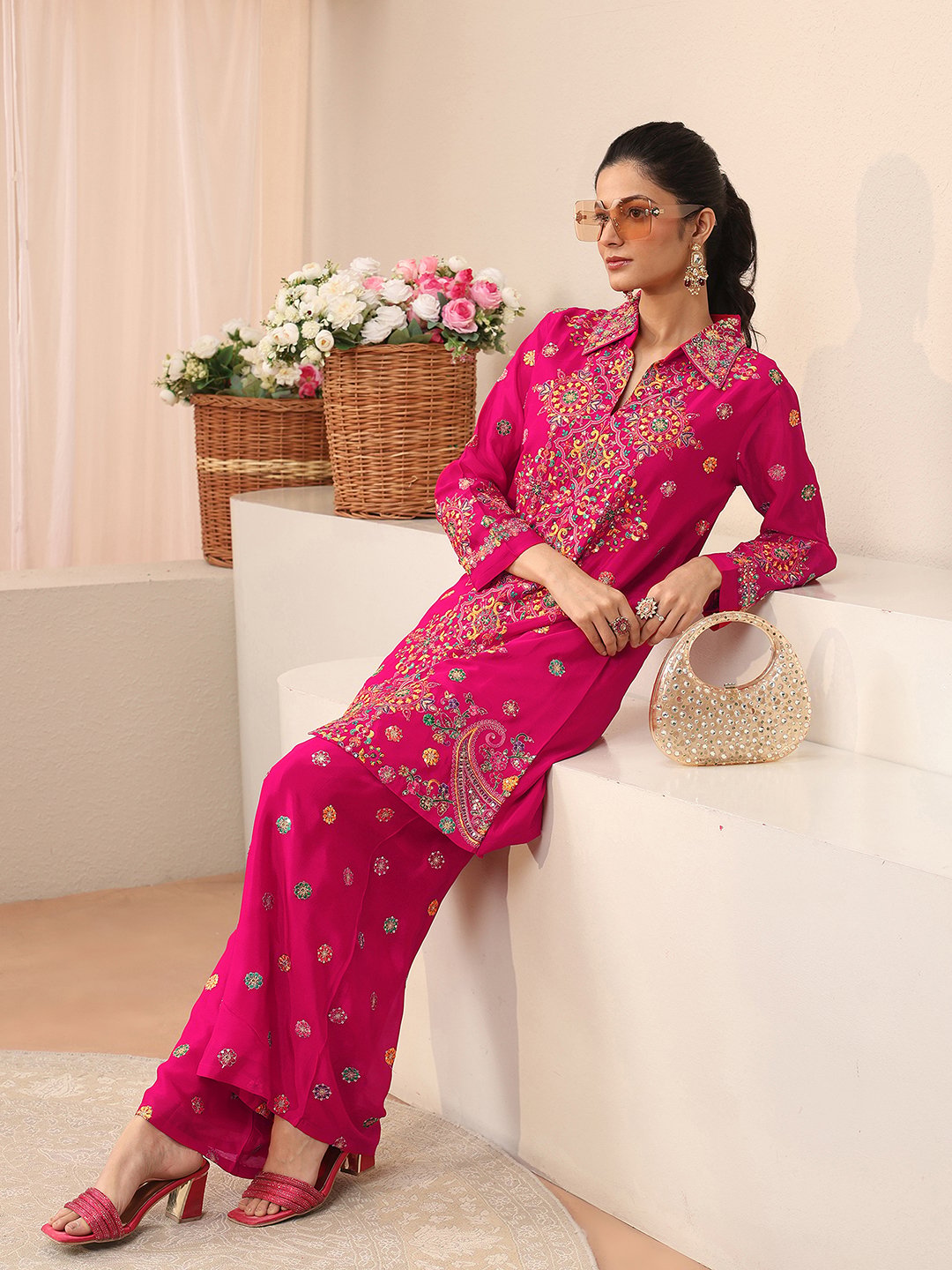 Pink Embroidered Crepe Co-Ords