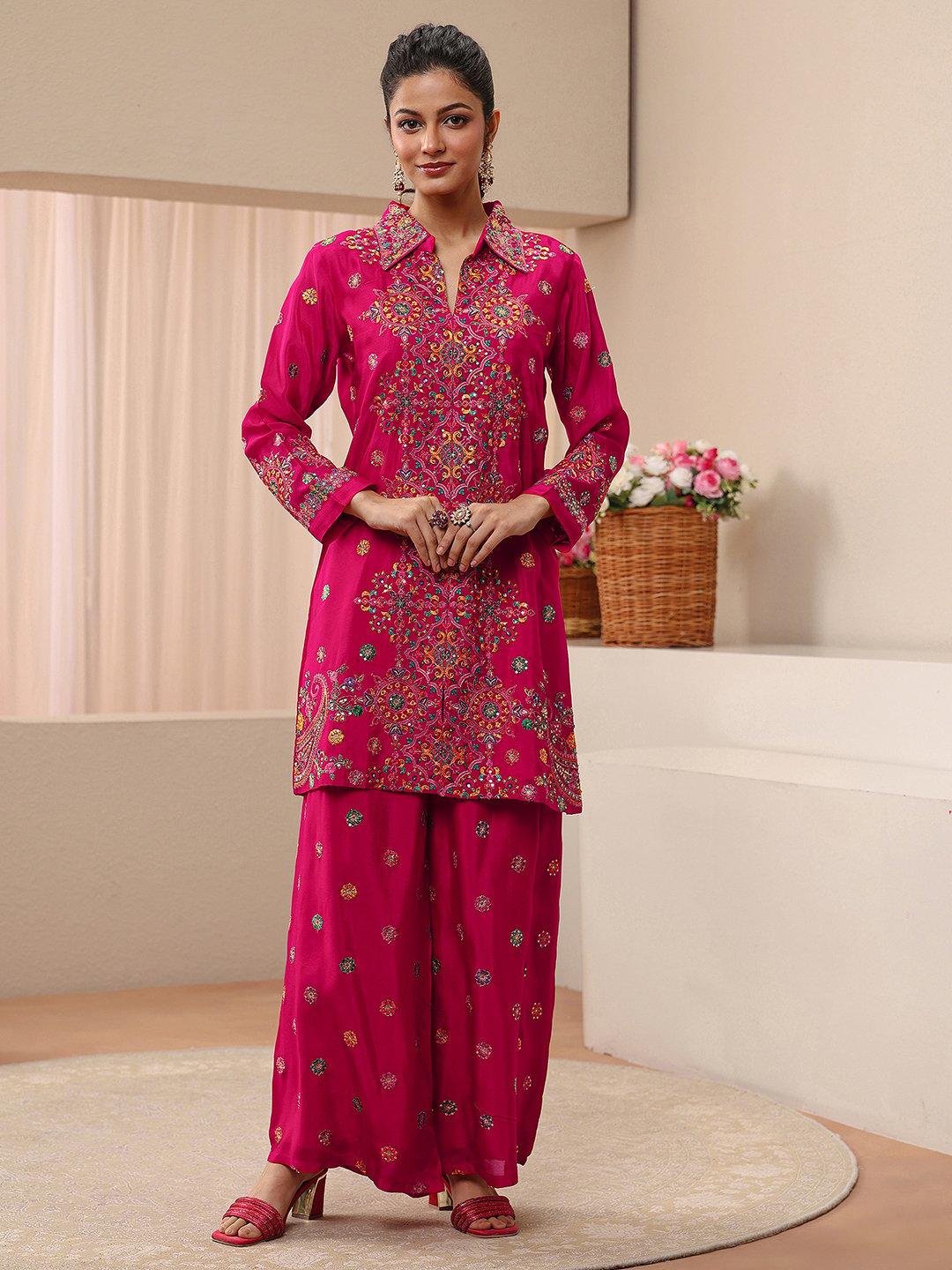 Pink Embroidered Crepe Co-Ords