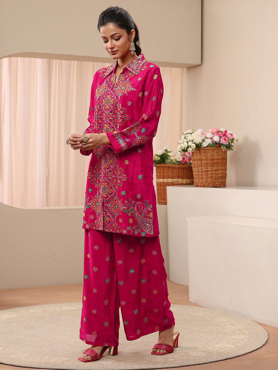 Pink Embroidered Crepe Co-Ords