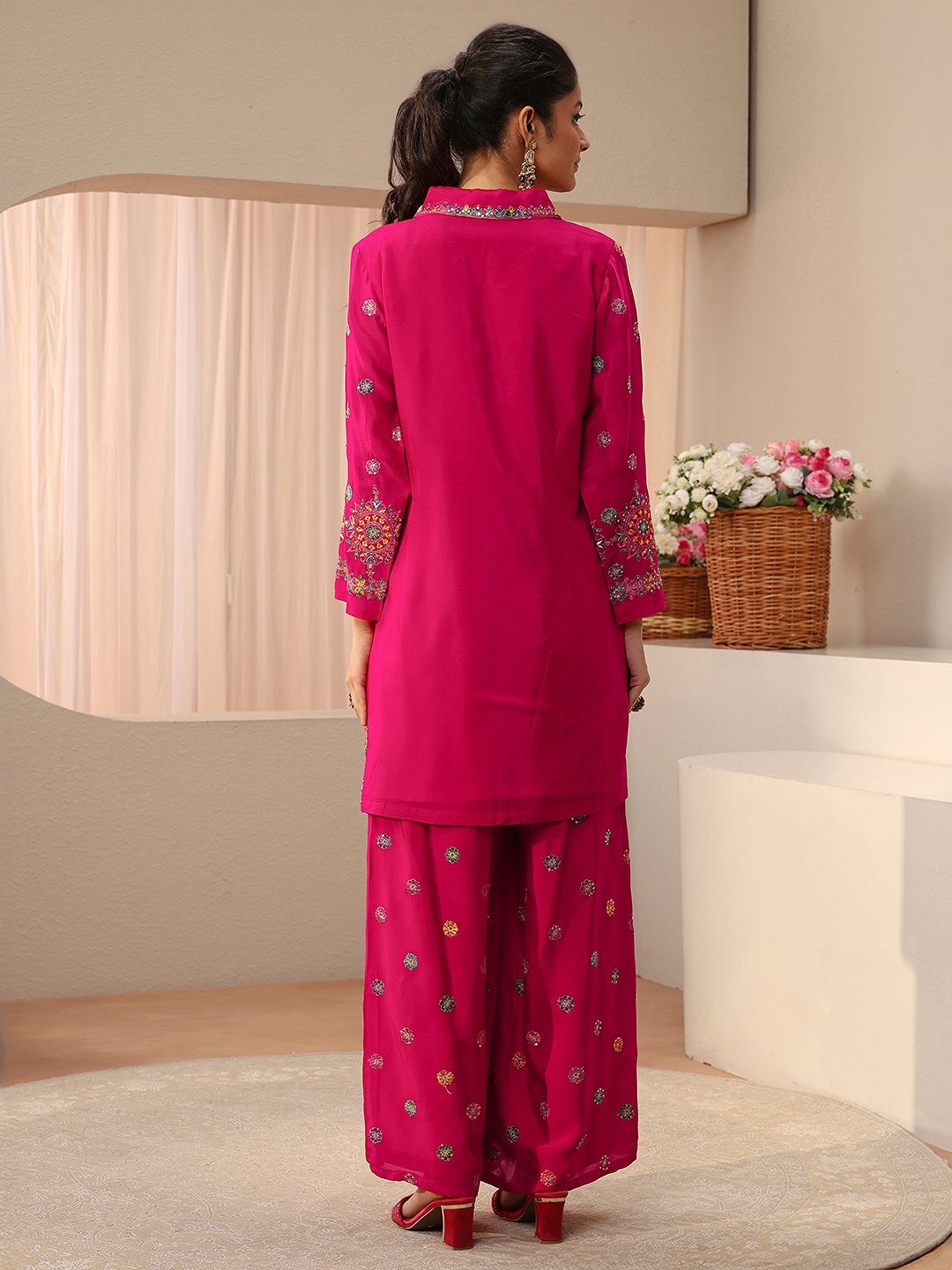 Pink Embroidered Crepe Co-Ords