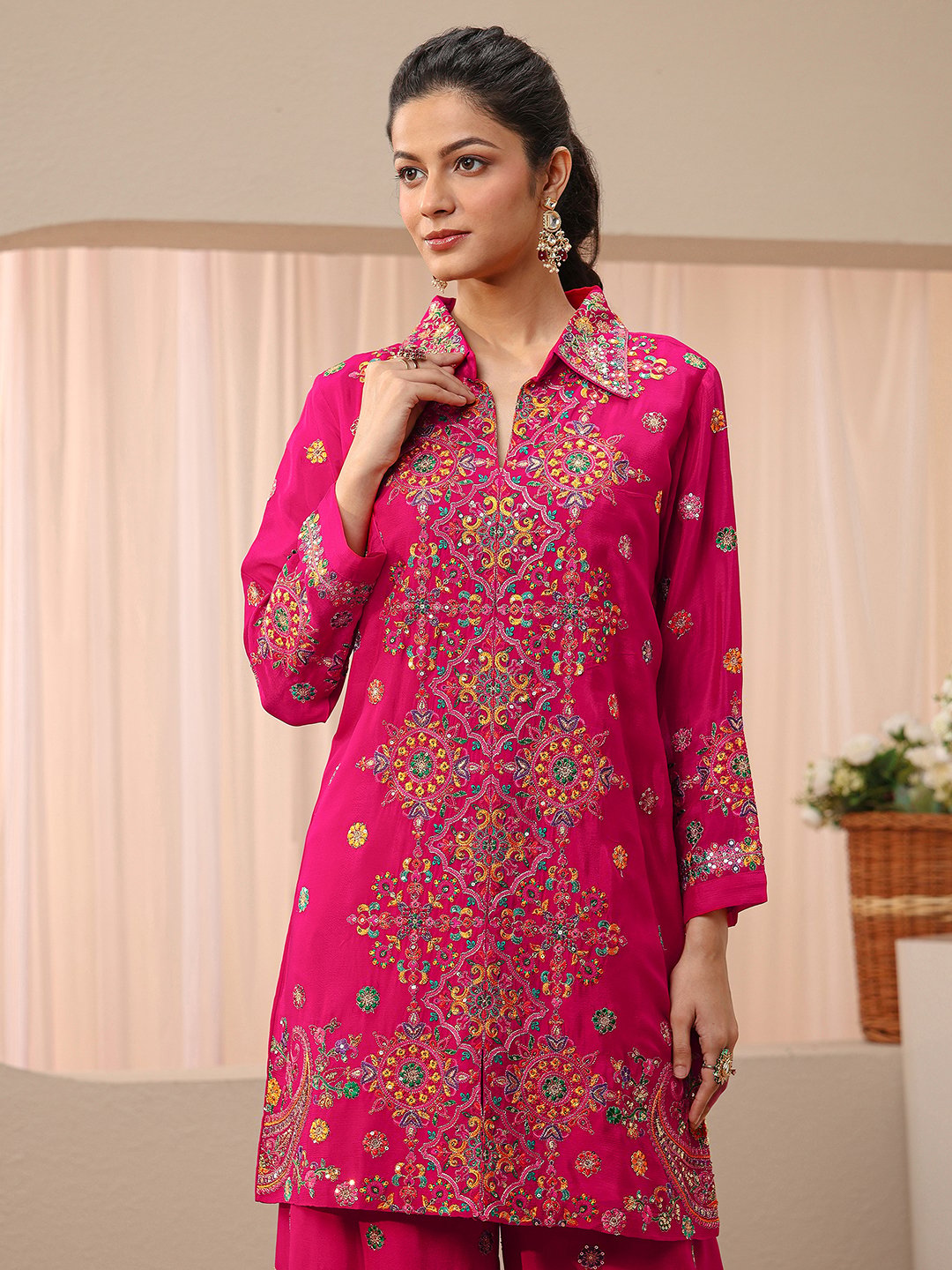 Pink Embroidered Crepe Co-Ords
