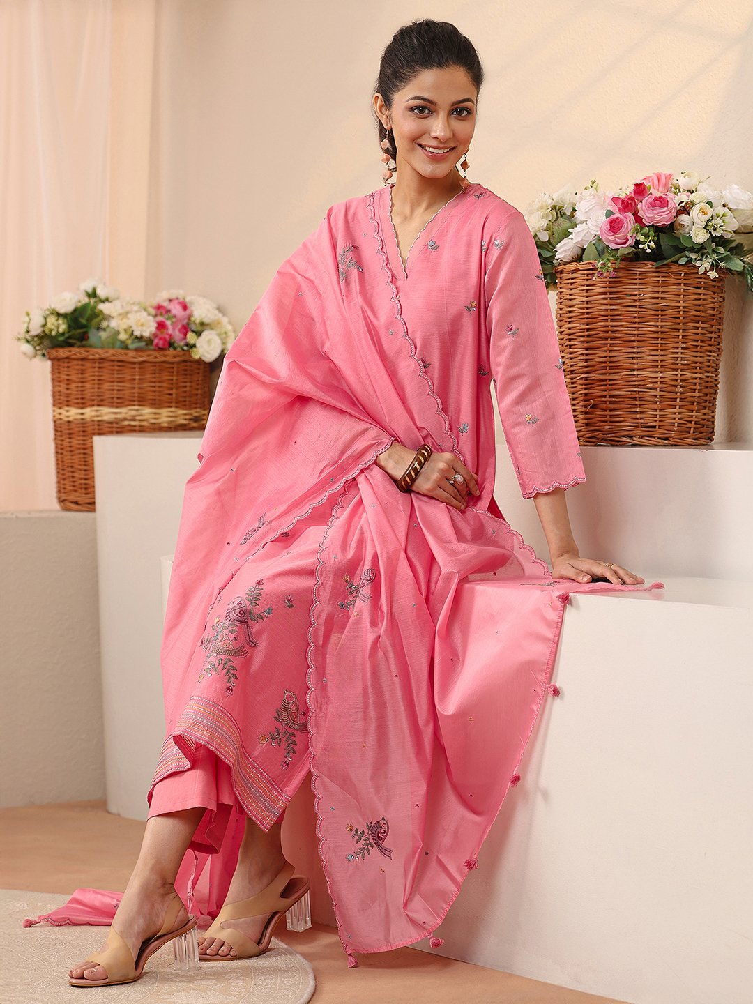 Pink Embroidered Chanderi Silk Straight-Fit Kurta, Straight Pants and Dupatta Set