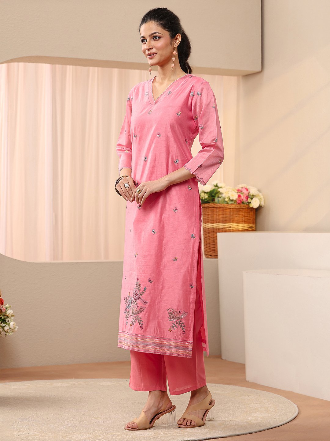 Pink Embroidered Chanderi Silk Straight-Fit Kurta, Straight Pants and Dupatta Set