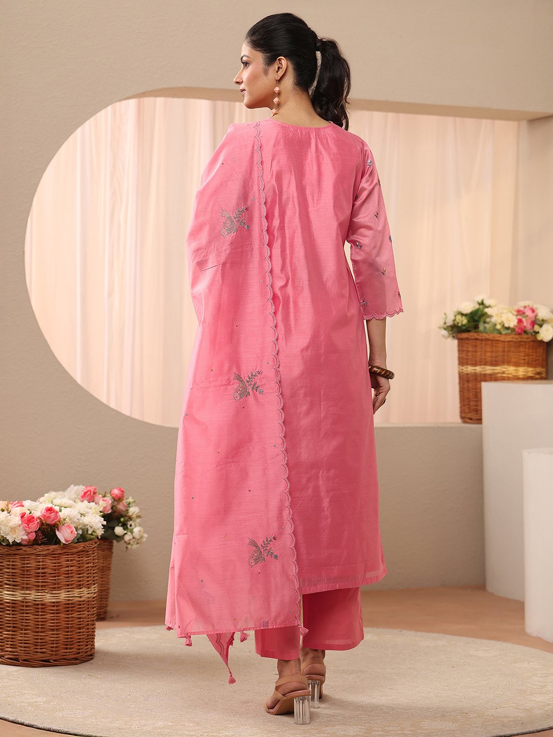 Pink Embroidered Chanderi Silk Straight-Fit Kurta, Straight Pants and Dupatta Set