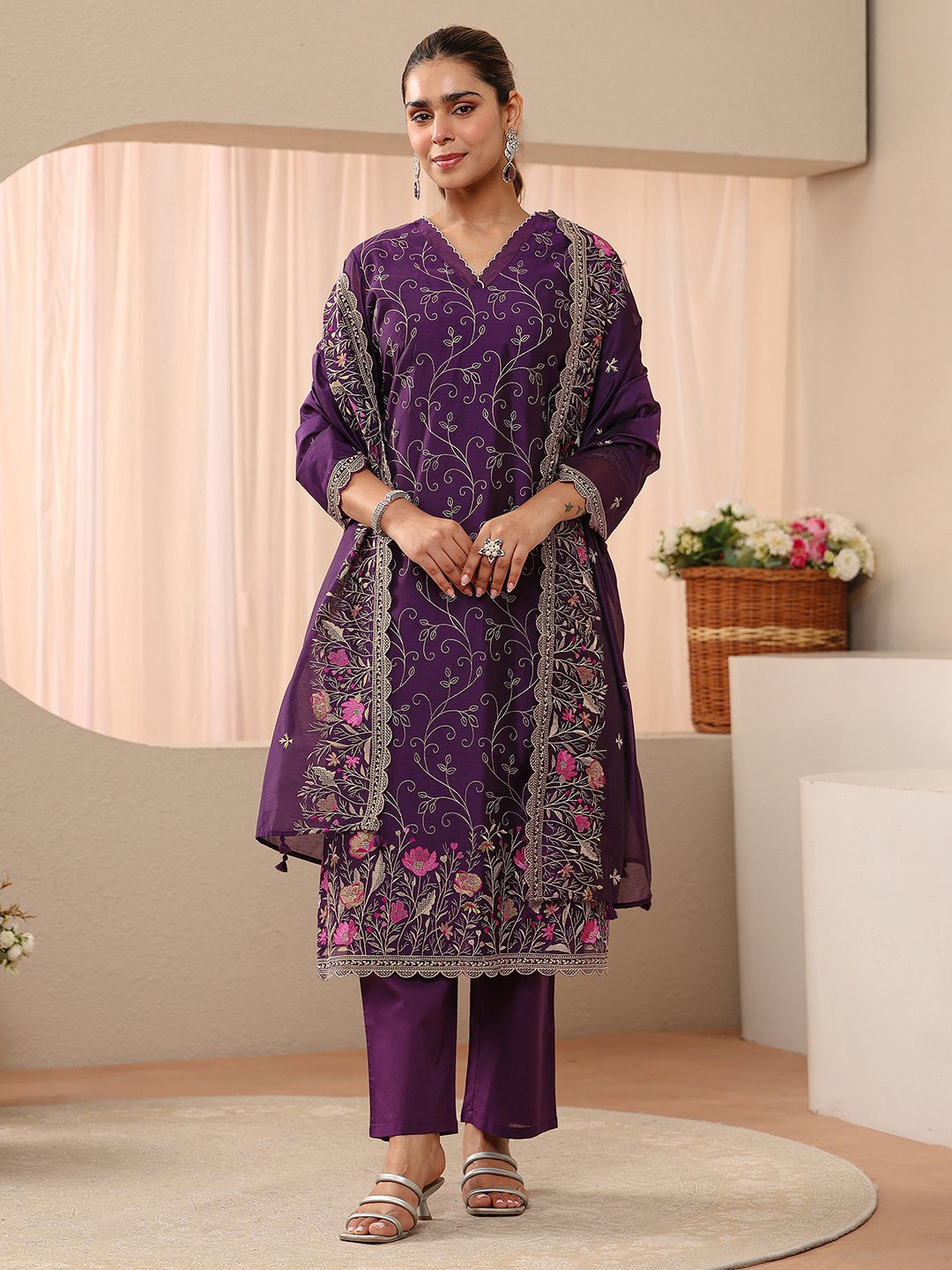 Purple Embroidered Chanderi Silk Straight-Fit Kurta, Straight Pants and Dupatta Set