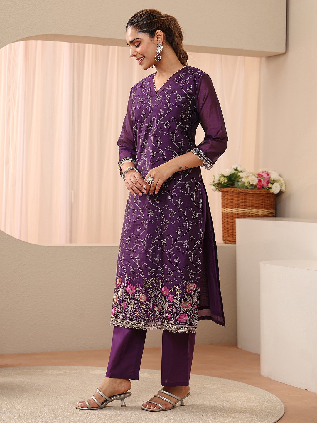 Purple Embroidered Chanderi Silk Straight-Fit Kurta, Straight Pants and Dupatta Set