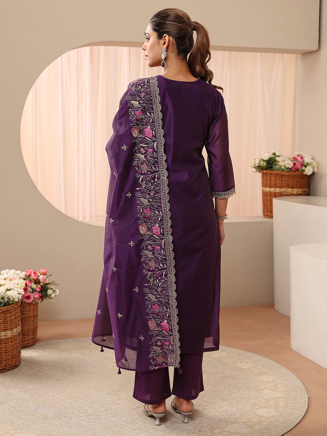 Purple Embroidered Chanderi Silk Straight-Fit Kurta, Straight Pants and Dupatta Set
