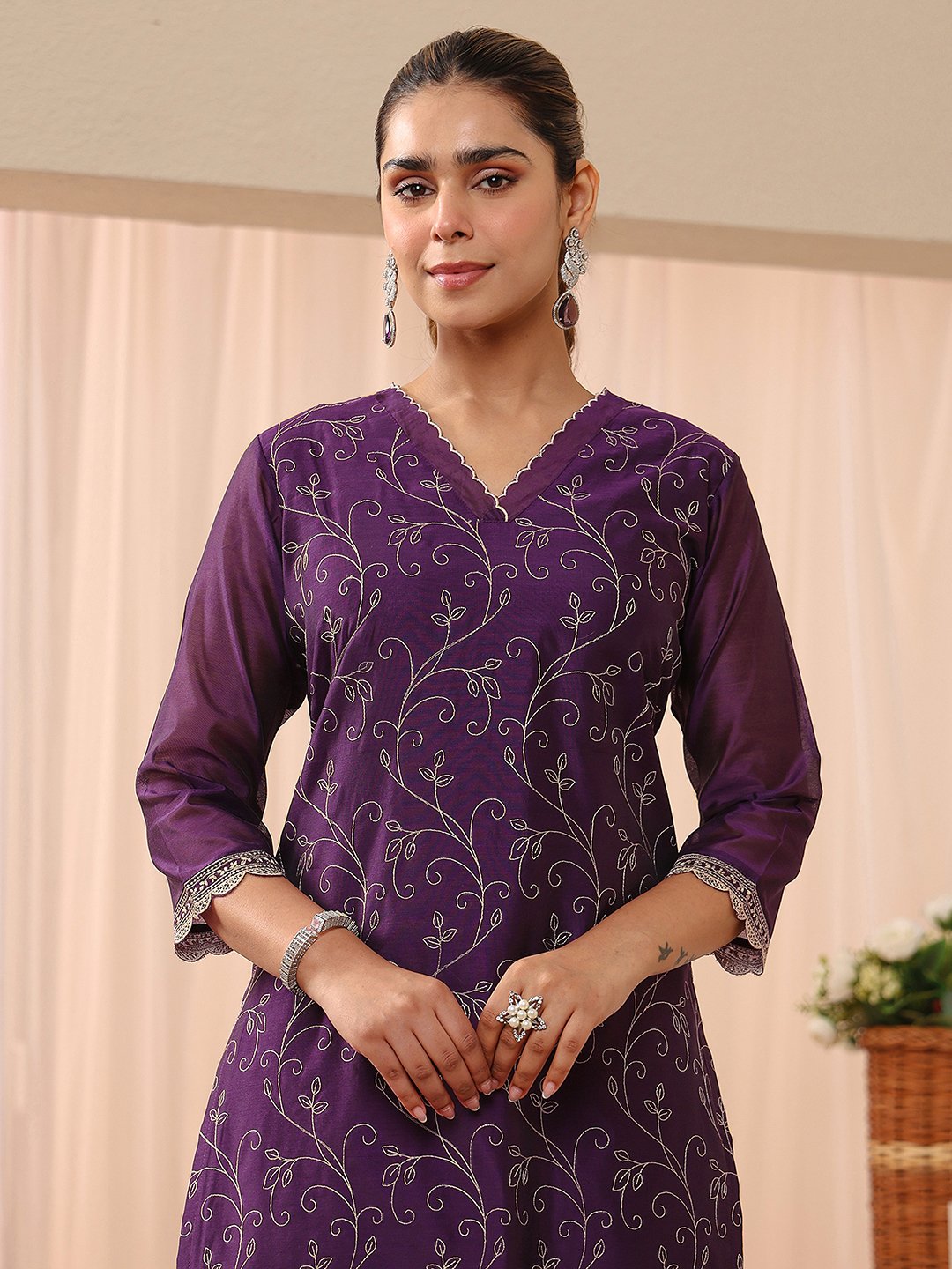Purple Embroidered Chanderi Silk Straight-Fit Kurta, Straight Pants and Dupatta Set