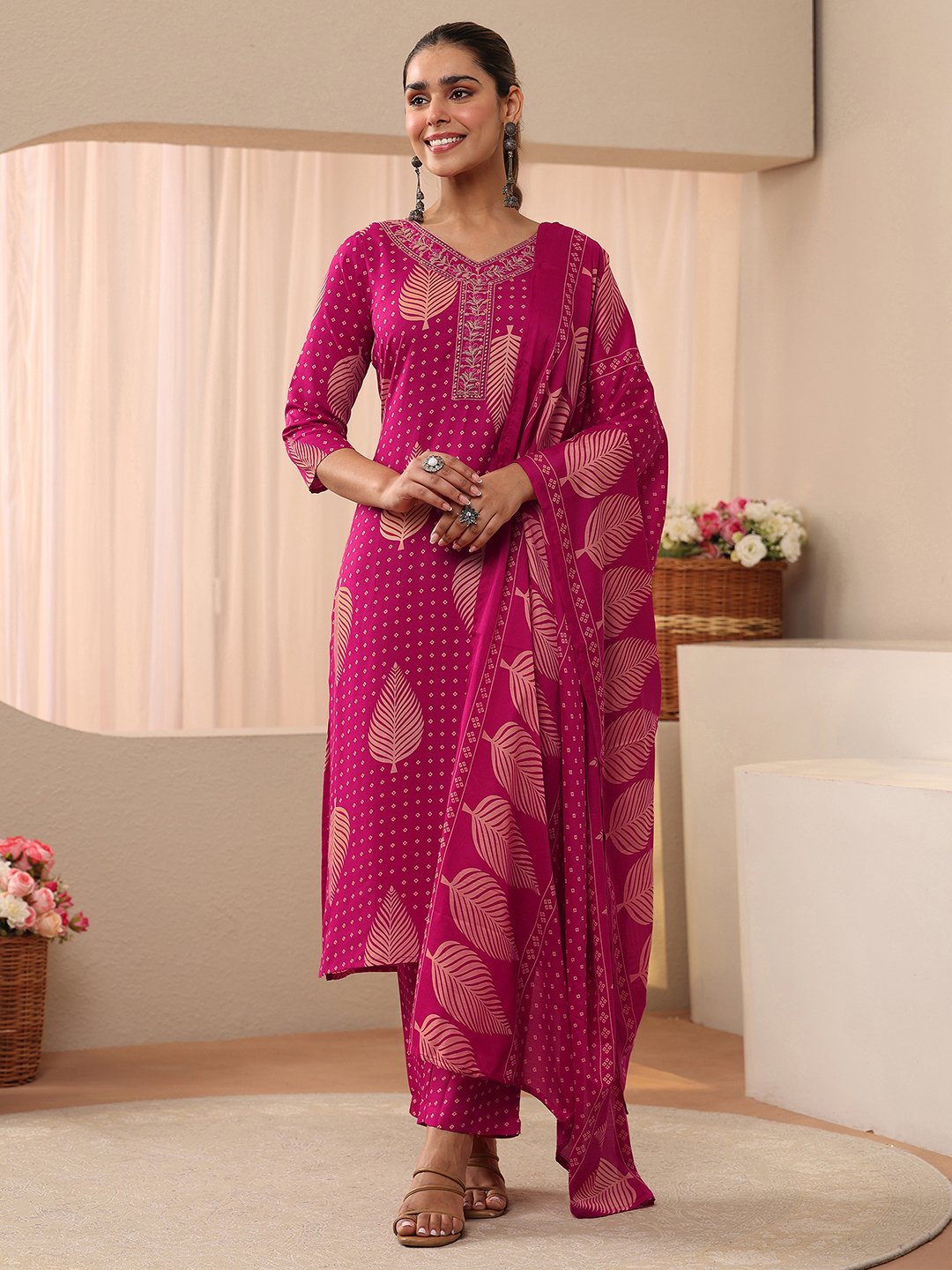 Pink Printed Cotton Blend Straight-Fit Kurta, Straight Pants and Dupatta Set