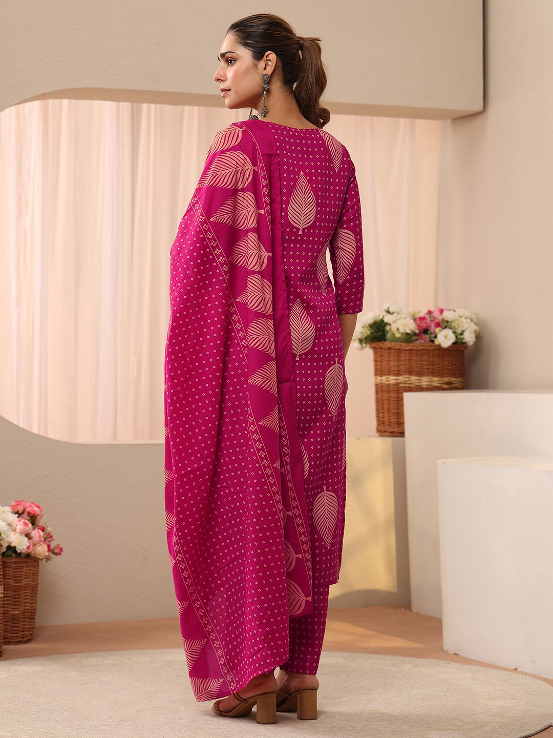 Pink Printed Cotton Blend Straight-Fit Kurta, Straight Pants and Dupatta Set