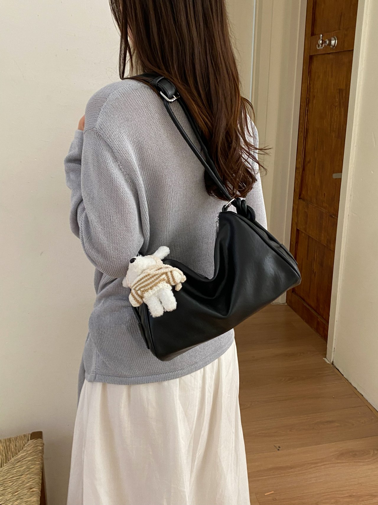 Plain Shoulder Bag with Plush Bear Charm