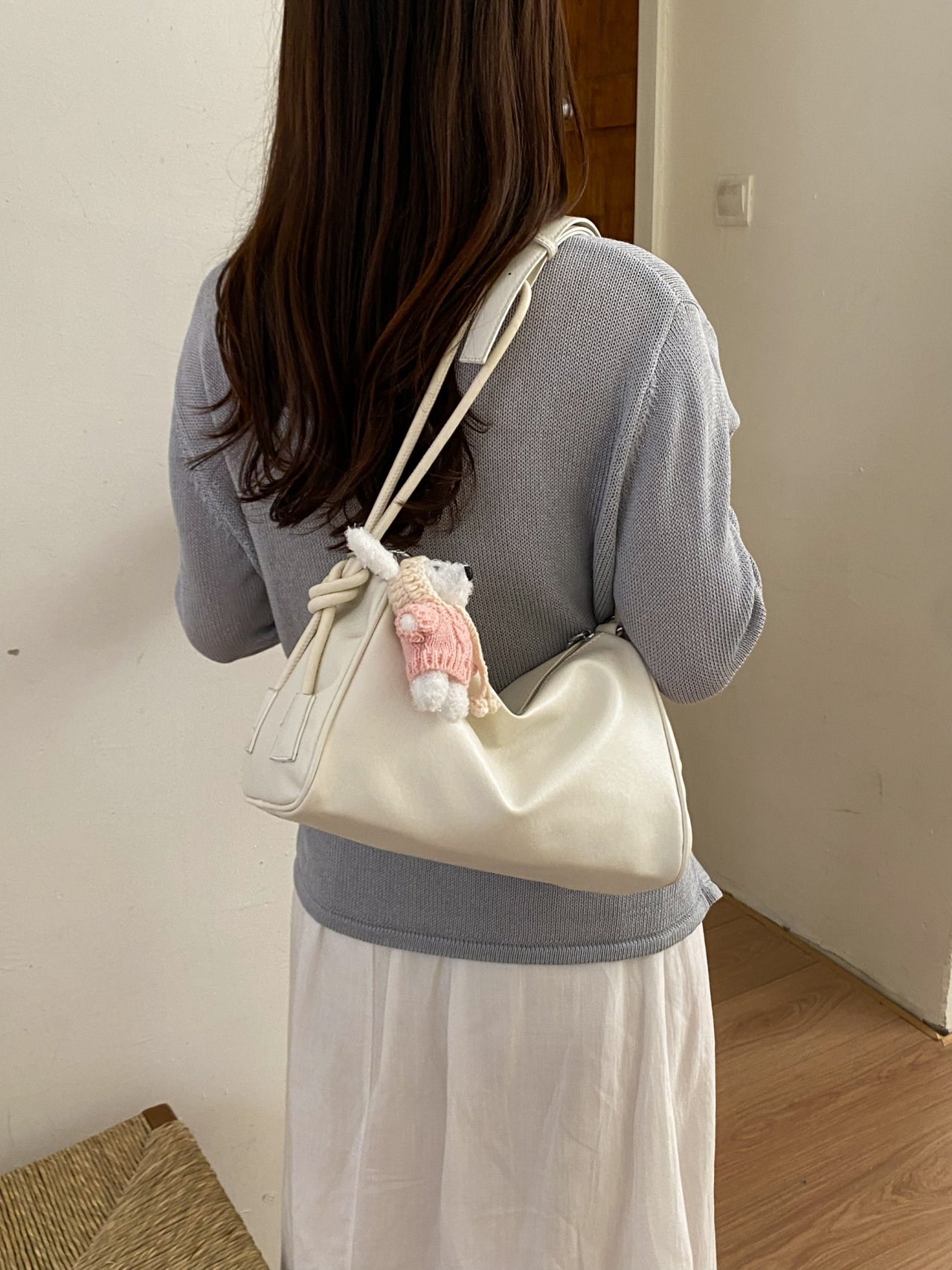 Plain Shoulder Bag with Plush Bear Charm