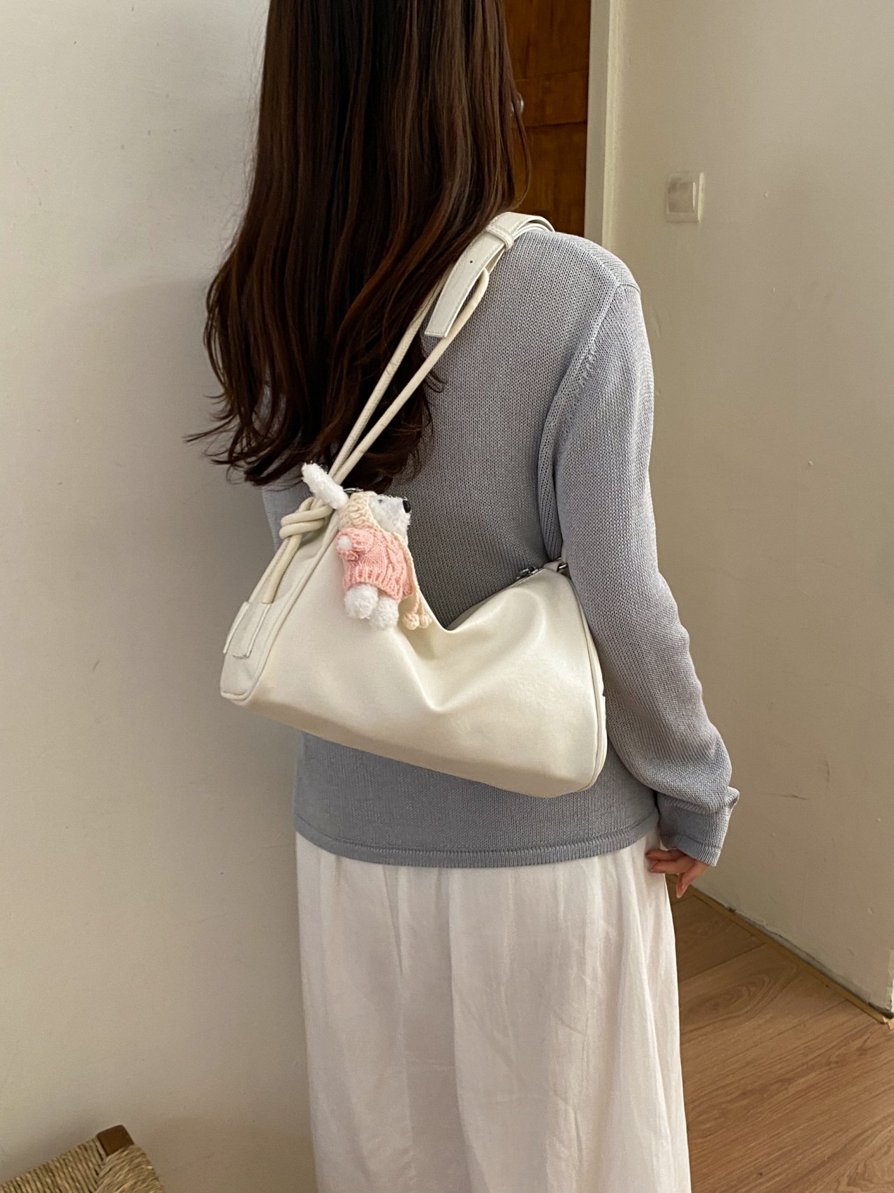 Plain Shoulder Bag with Plush Bear Charm