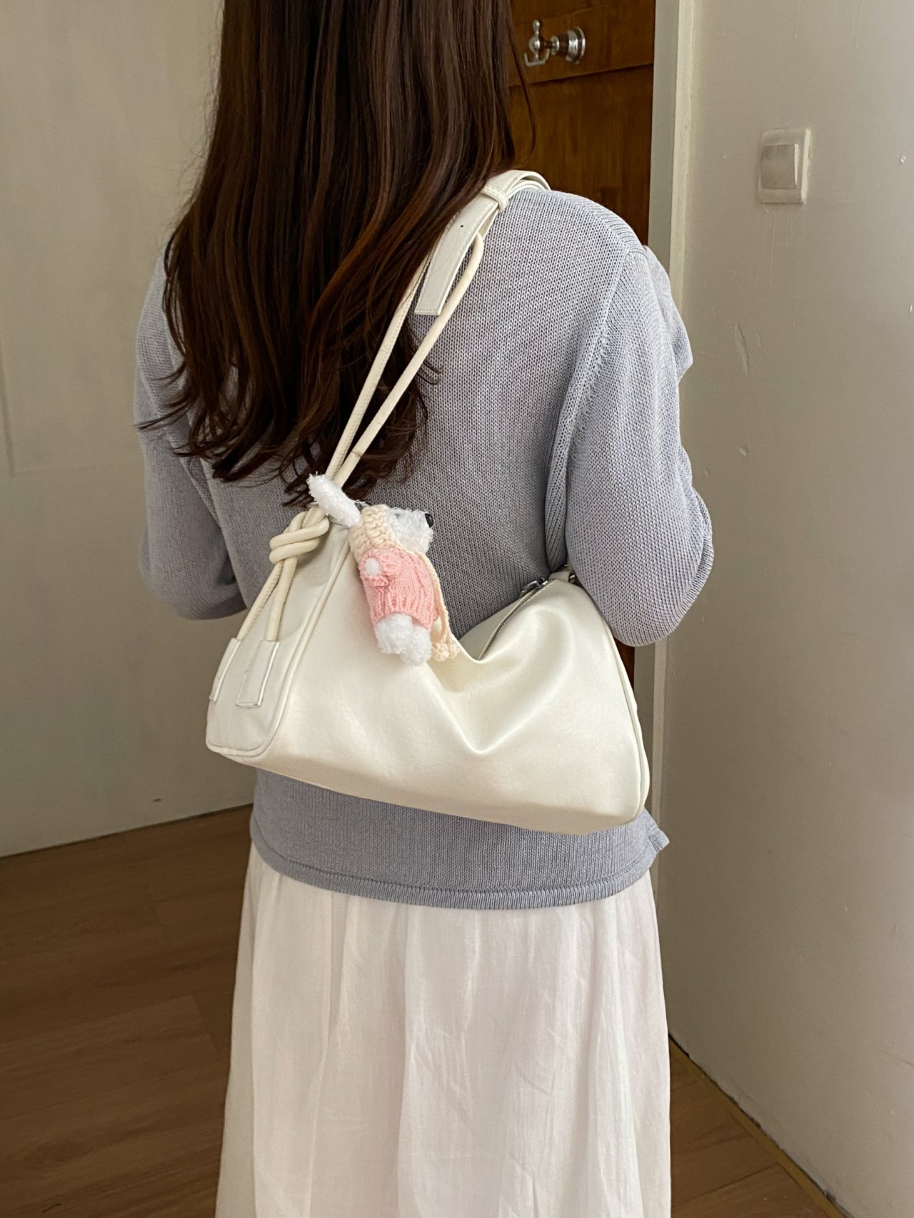 Plain Shoulder Bag with Plush Bear Charm