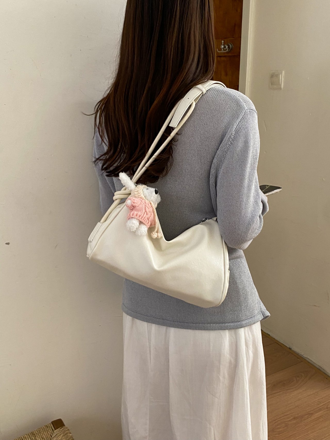 Plain Shoulder Bag with Plush Bear Charm