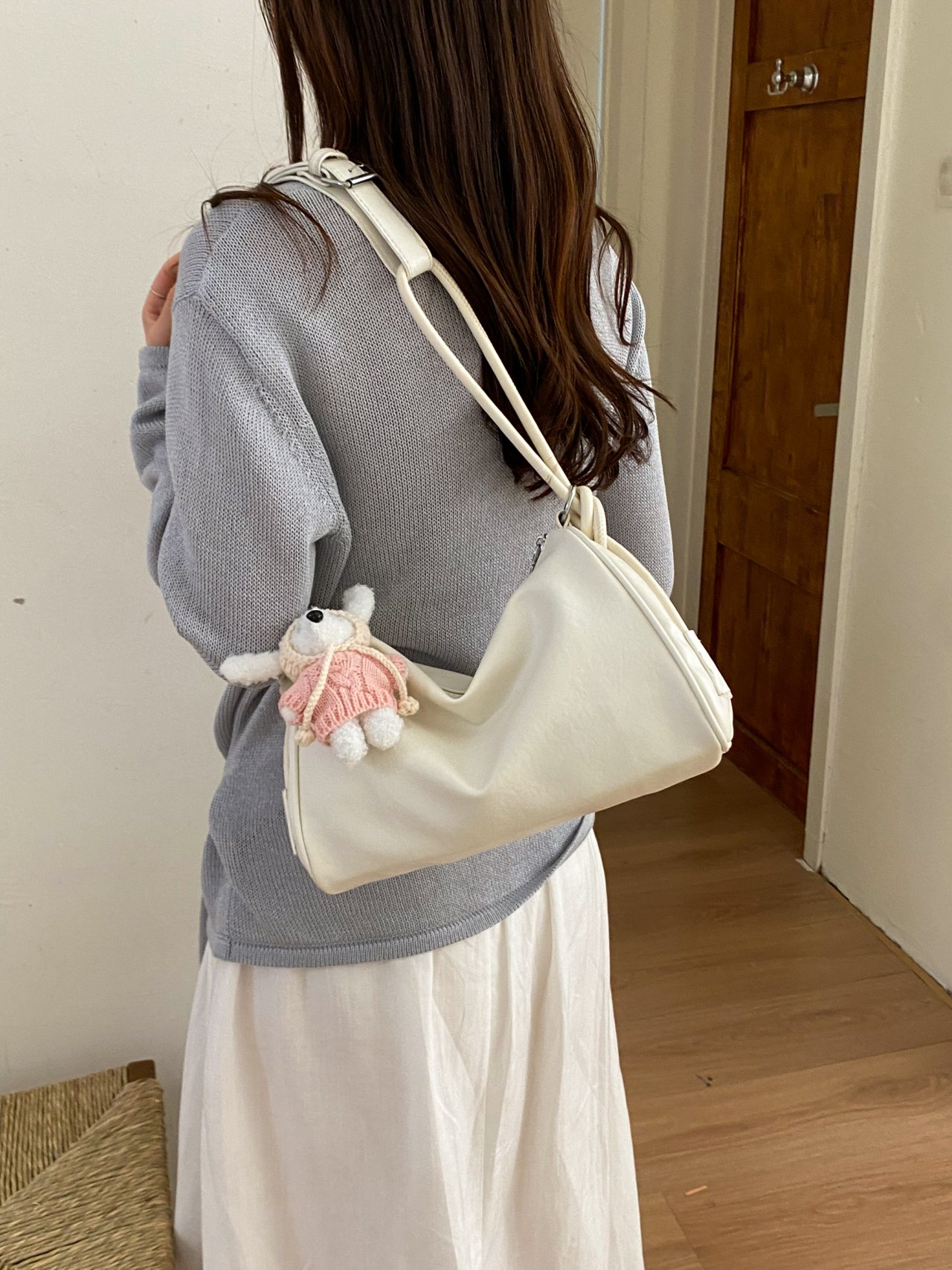 Plain Shoulder Bag with Plush Bear Charm