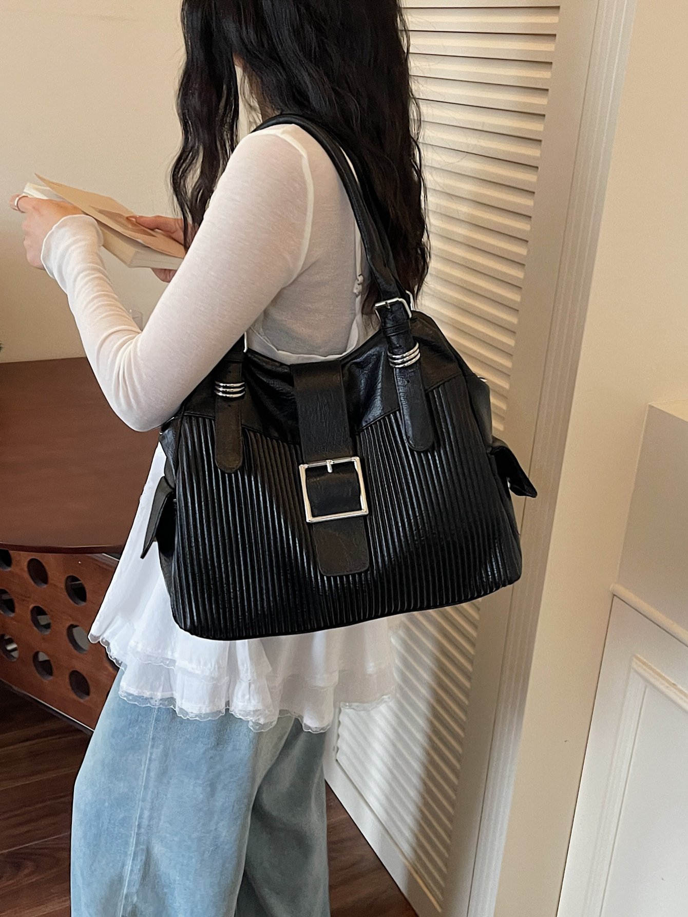 Textured Shoulder Bag with Buckle Detail