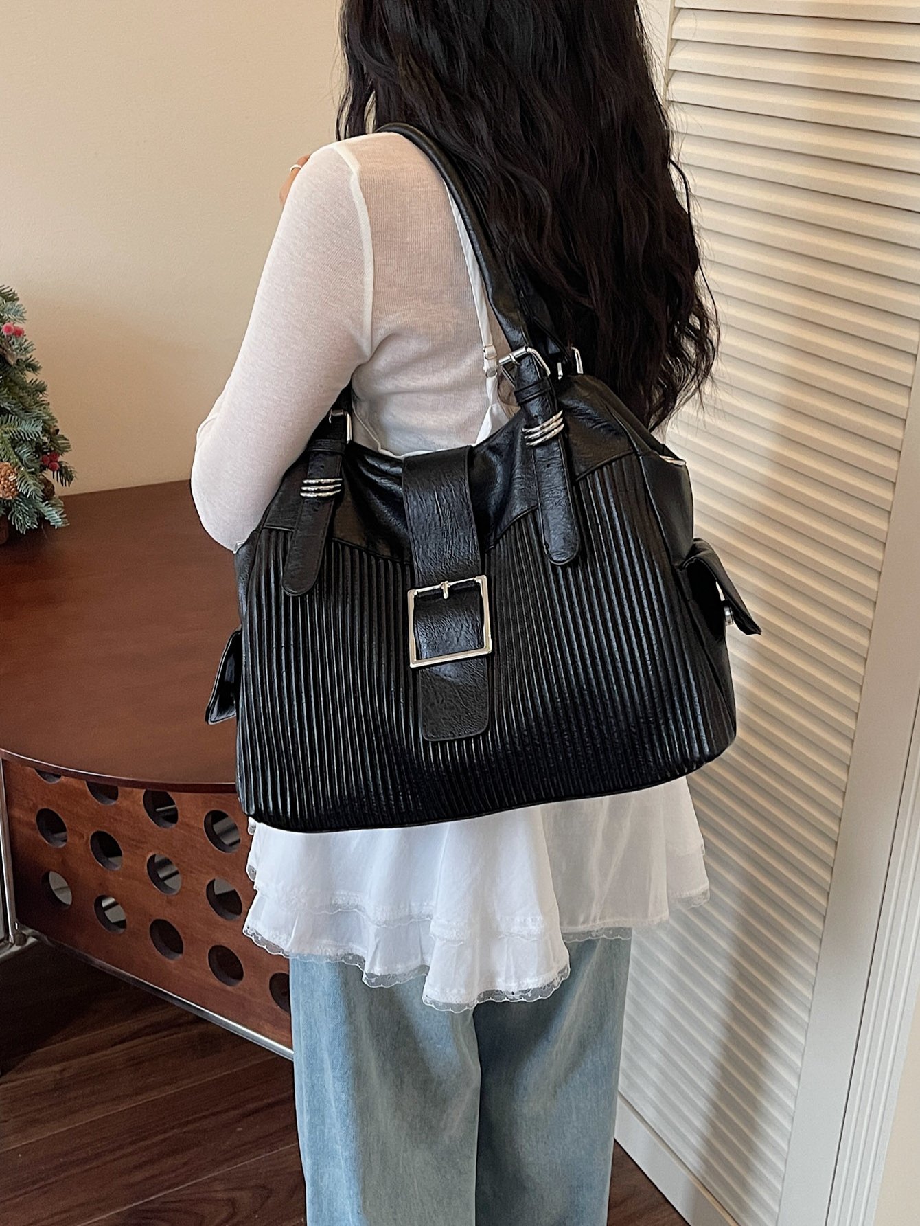 Textured Shoulder Bag with Buckle Detail