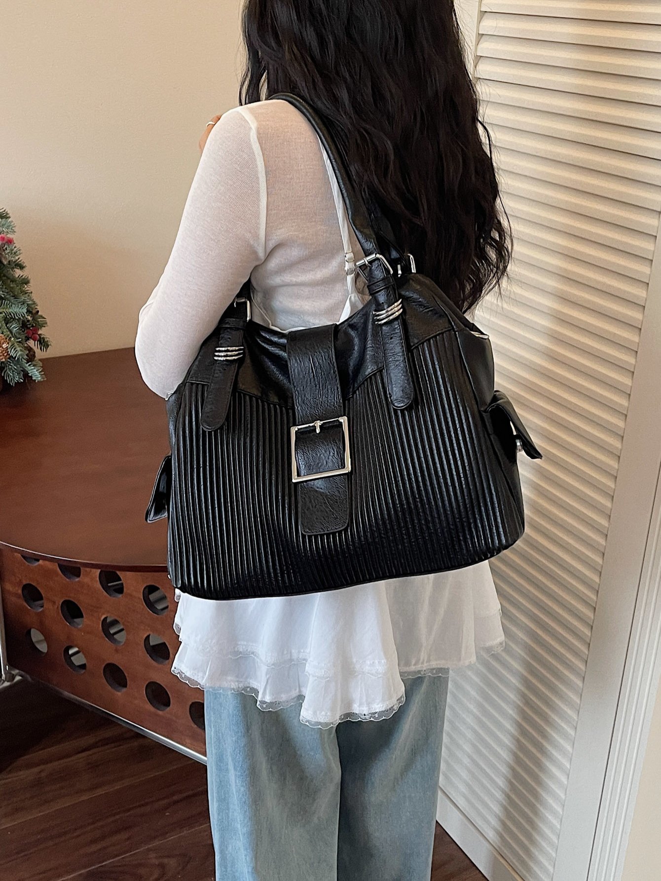 Textured Shoulder Bag with Buckle Detail