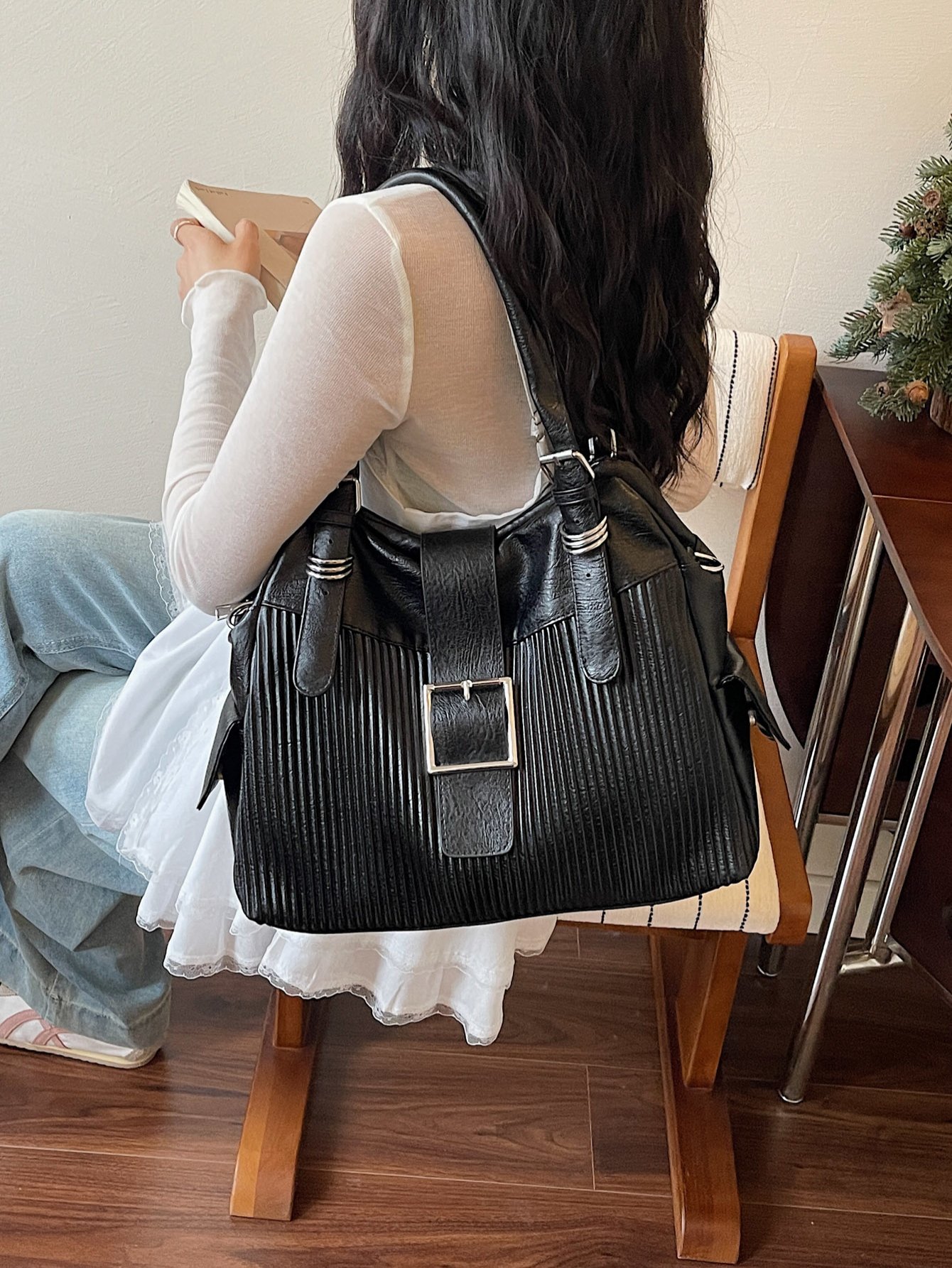 Textured Shoulder Bag with Buckle Detail