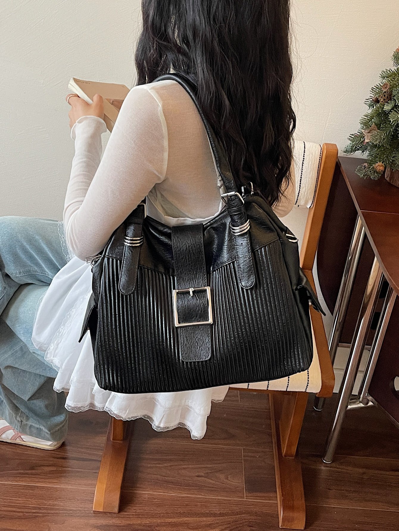 Textured Shoulder Bag with Buckle Detail