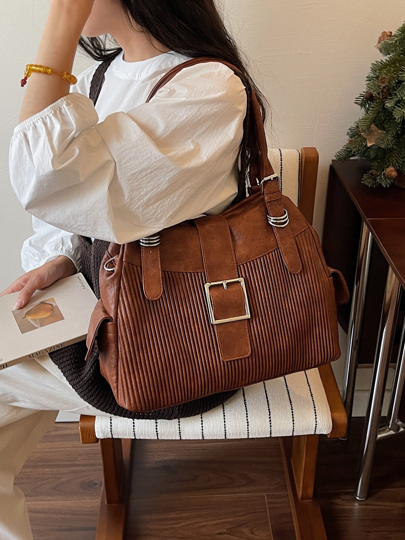 Textured Shoulder Bag with Buckle Detail
