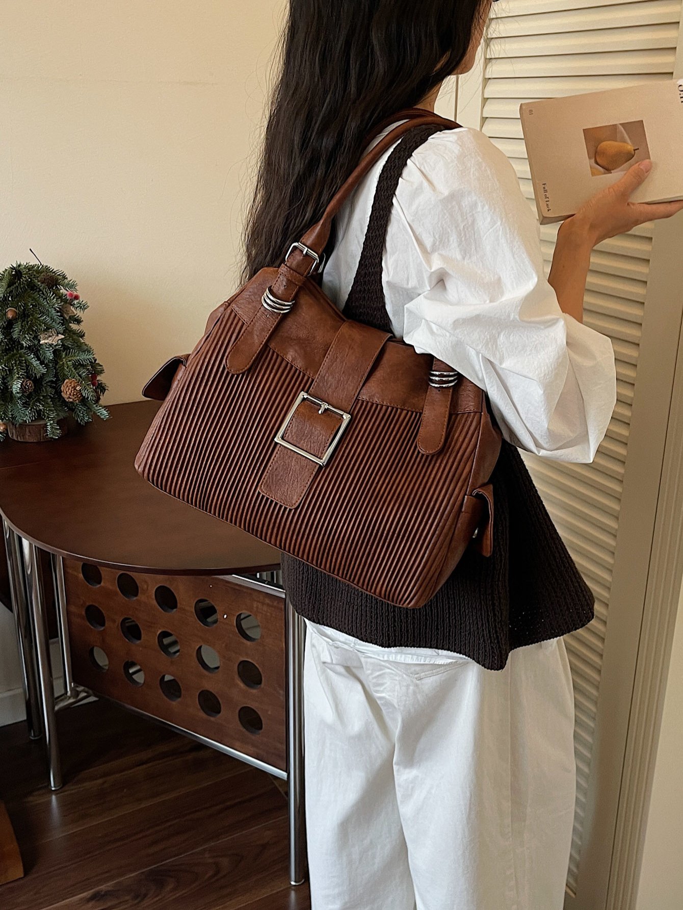 Textured Shoulder Bag with Buckle Detail