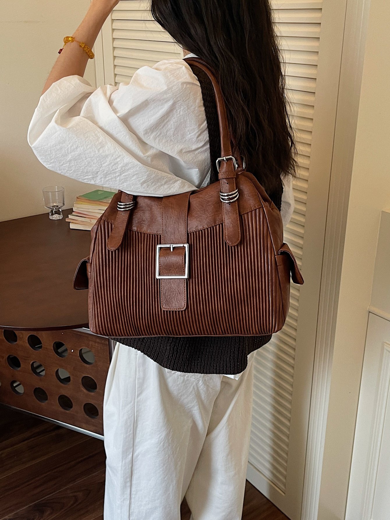 Textured Shoulder Bag with Buckle Detail