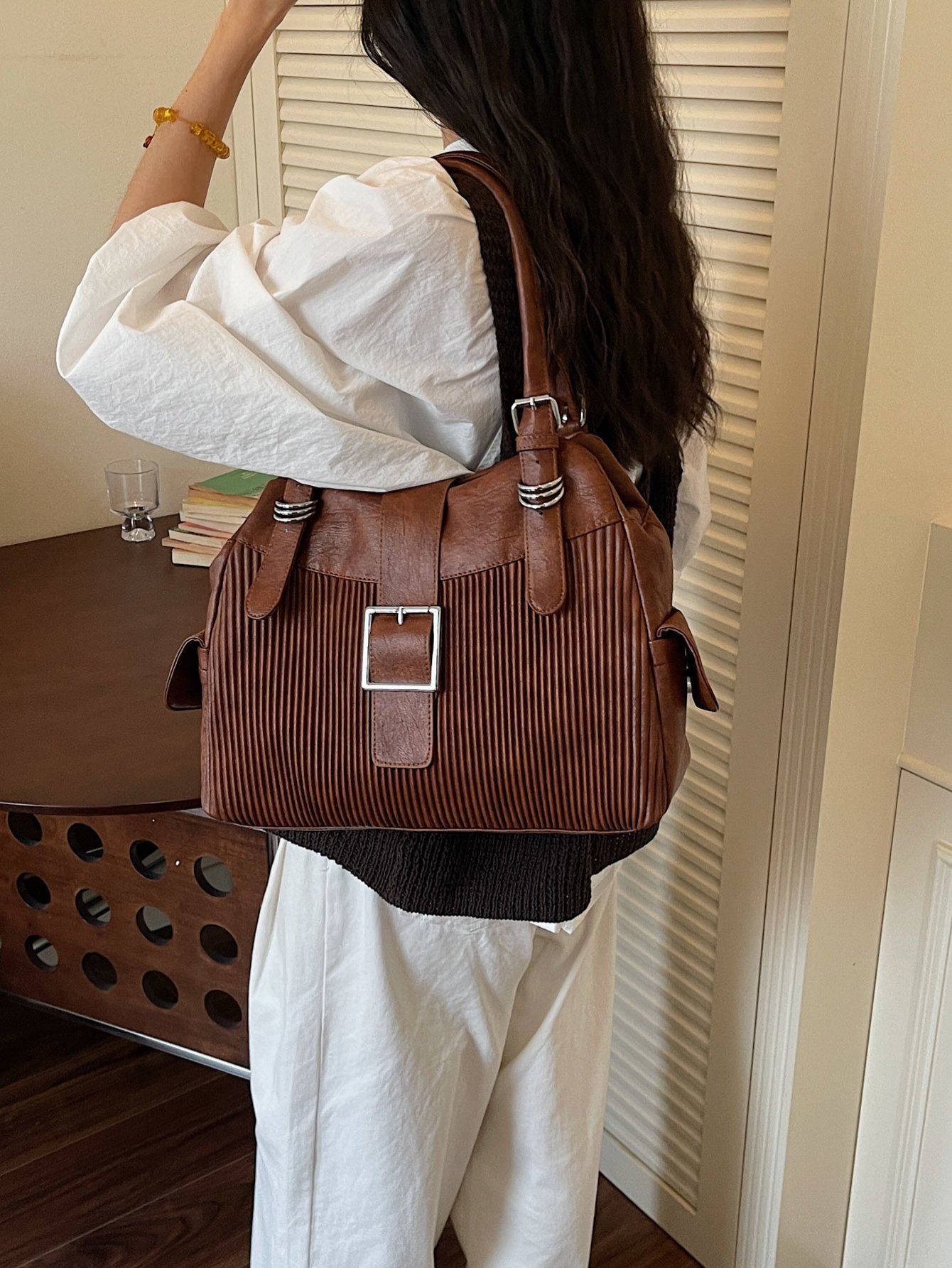 Textured Shoulder Bag with Buckle Detail