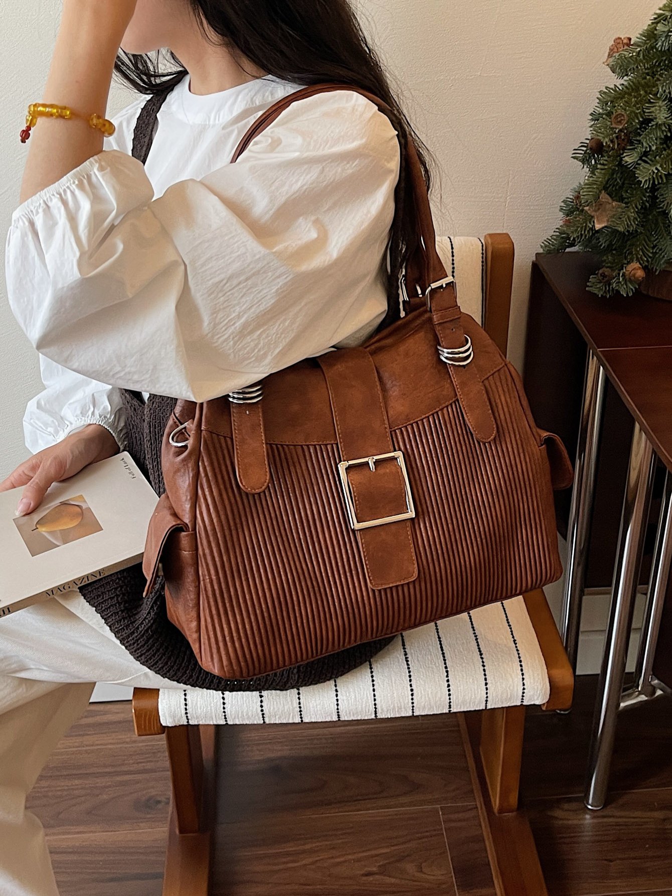 Textured Shoulder Bag with Buckle Detail
