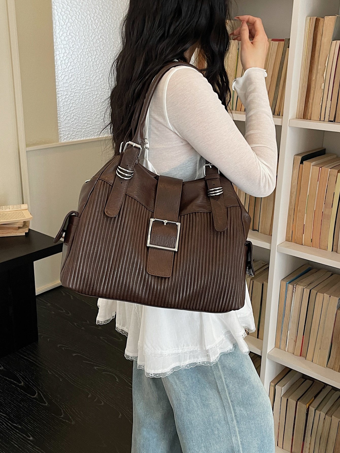 Textured Shoulder Bag with Buckle Detail