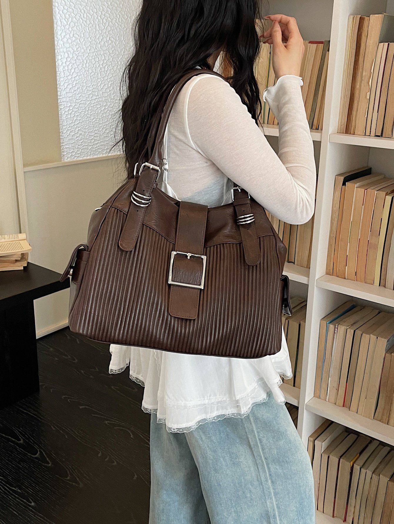 Textured Shoulder Bag with Buckle Detail