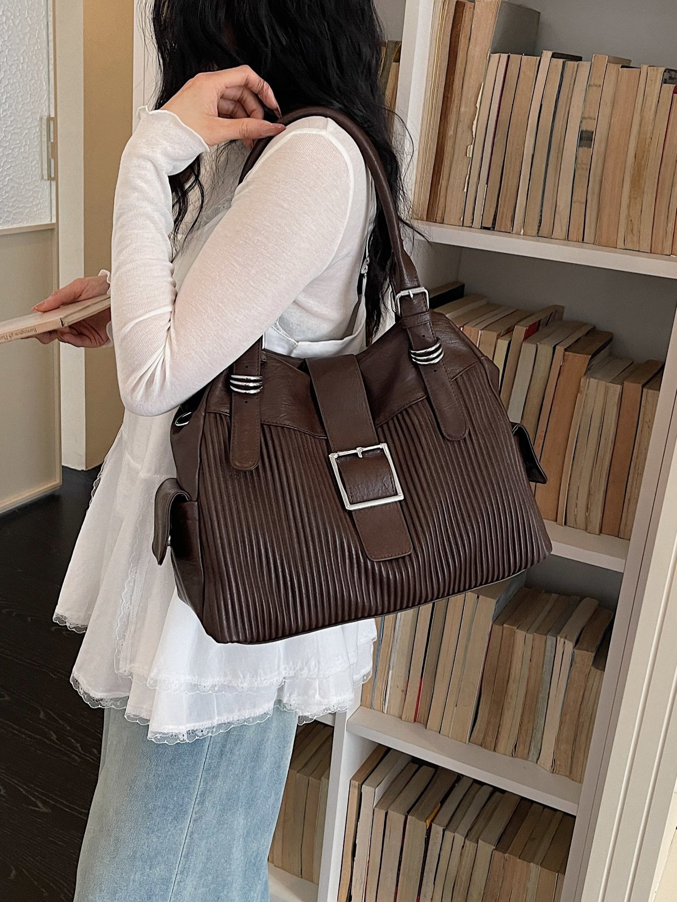 Textured Shoulder Bag with Buckle Detail
