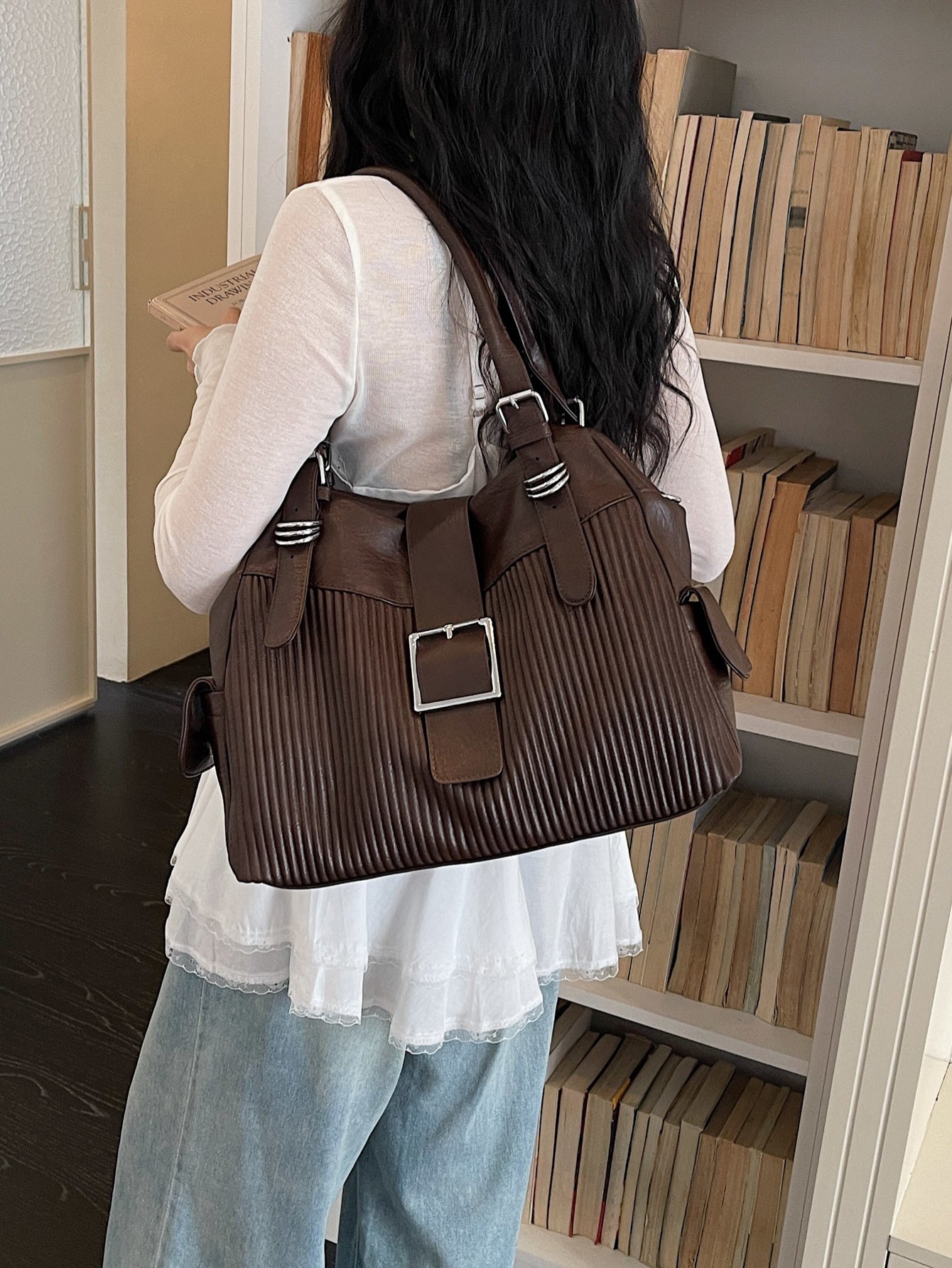 Textured Shoulder Bag with Buckle Detail