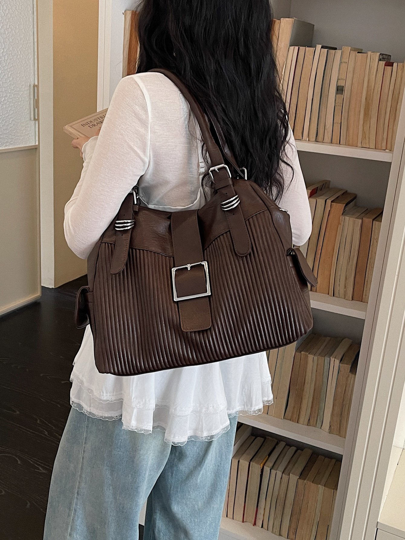 Textured Shoulder Bag with Buckle Detail