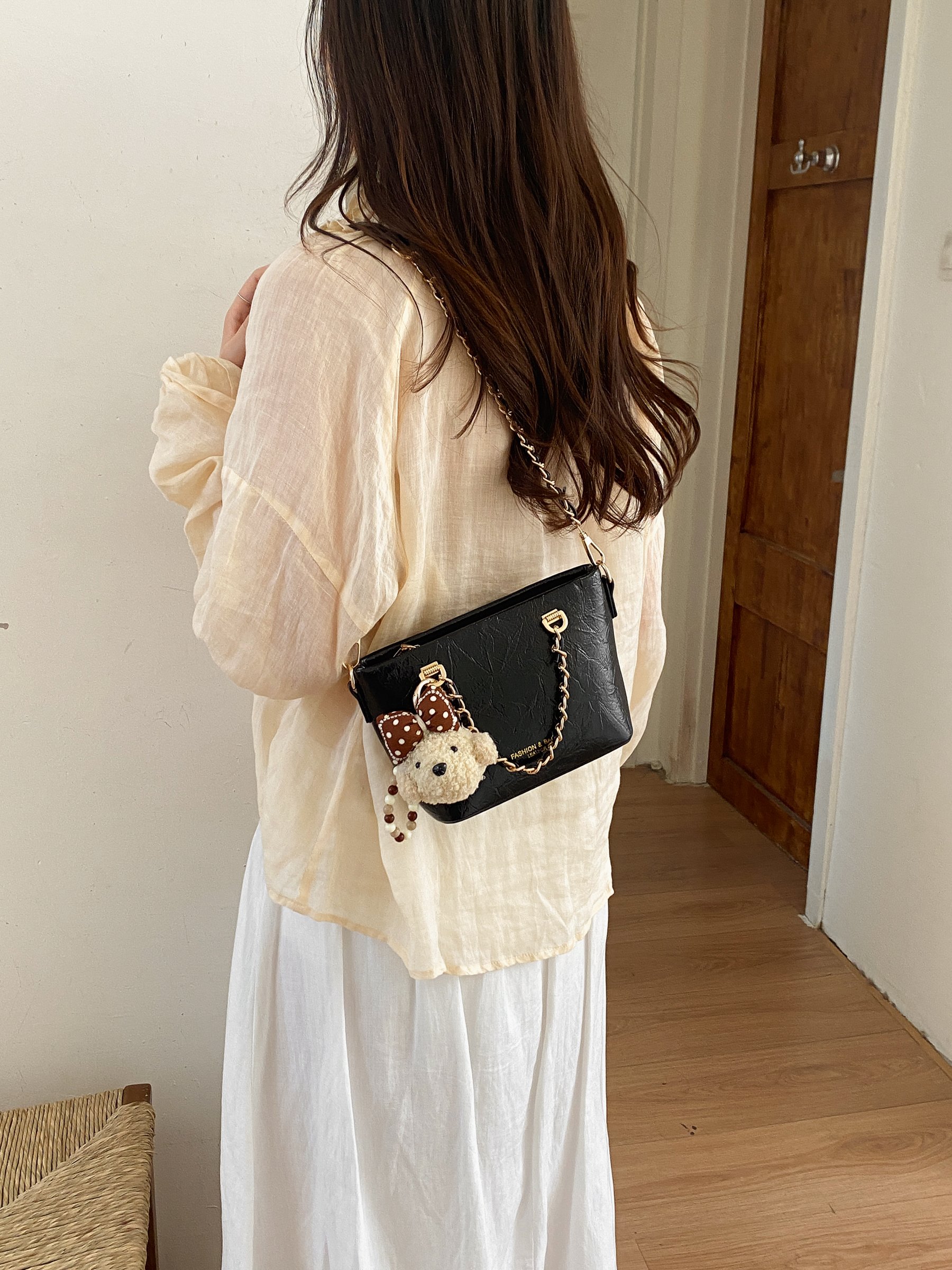 Chain Strap Crossbody Bag with Plush Charm
