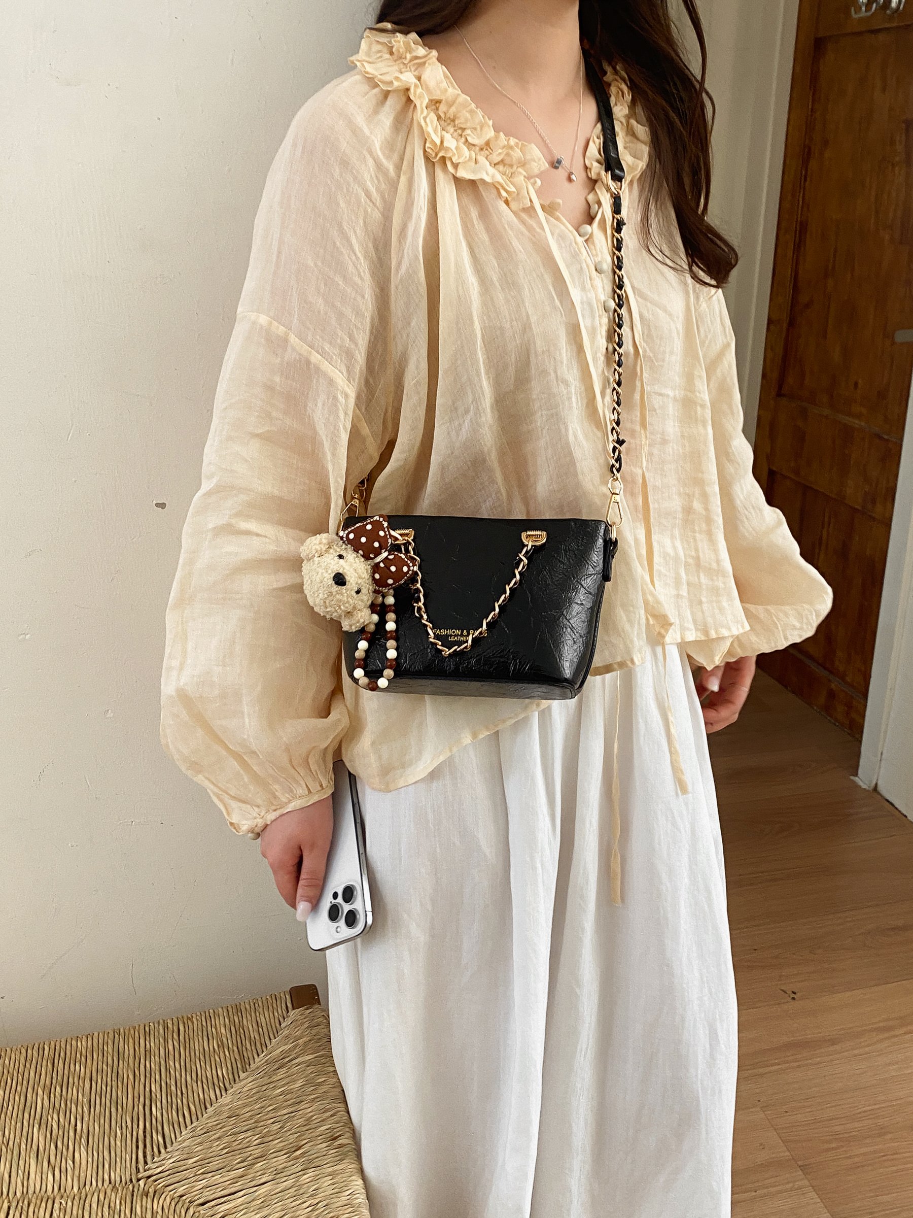 Chain Strap Crossbody Bag with Plush Charm