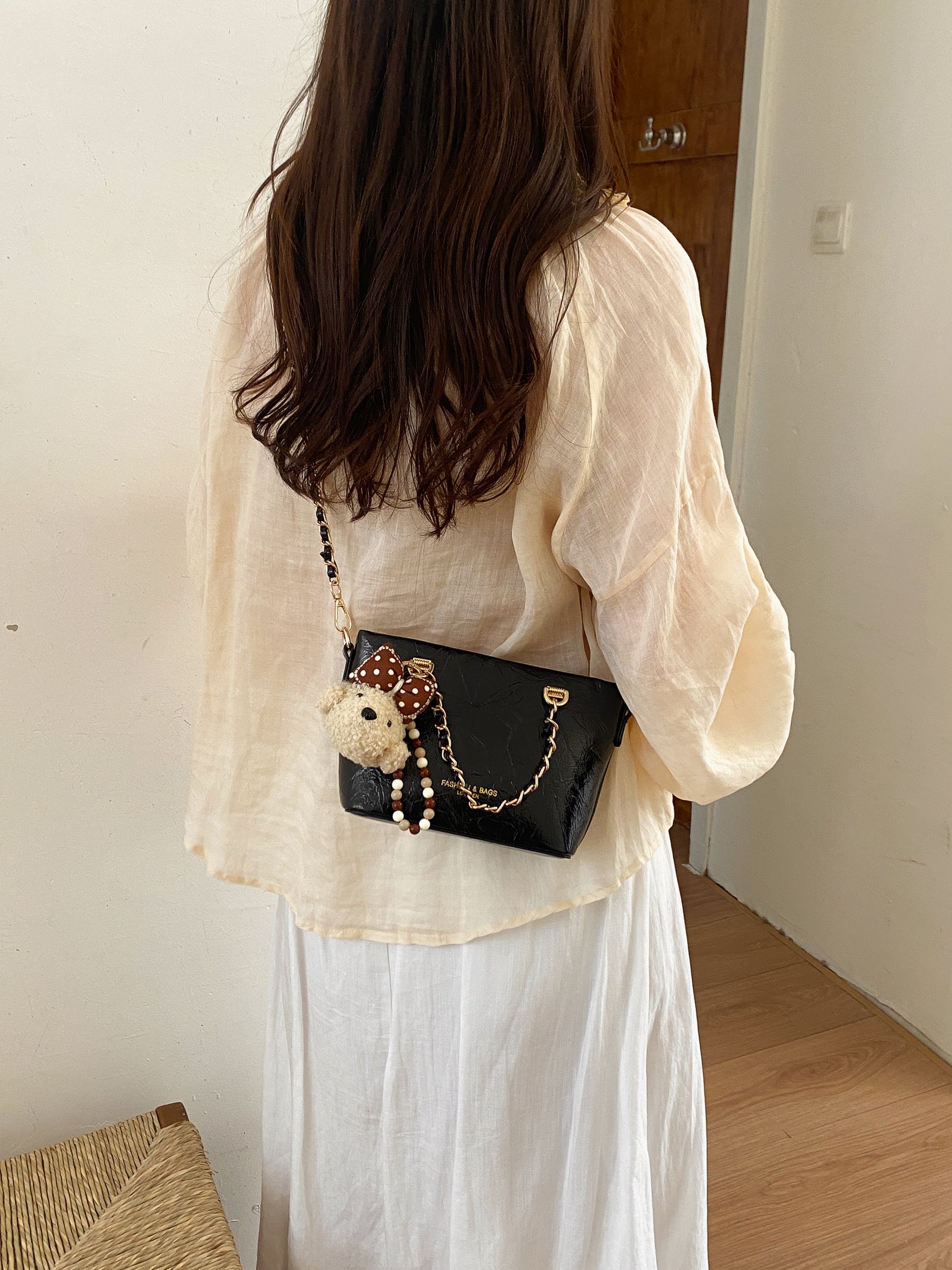 Chain Strap Crossbody Bag with Plush Charm